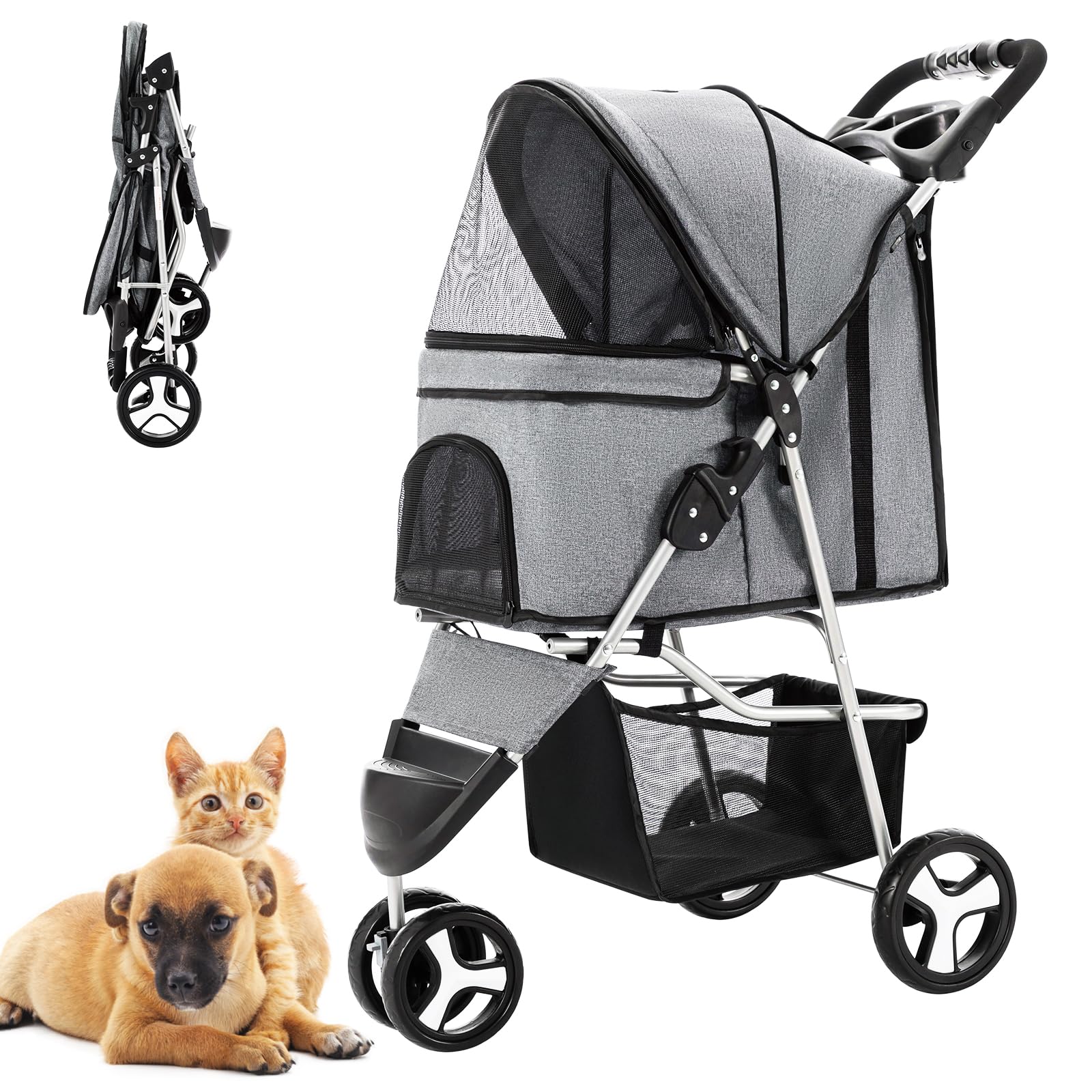 Pet Stroller for Medium Small Dogs and Cats, One-Hand Folding Portable Travel Cat Dog Stroller with Storage Basket and Cup Holder, 3 Wheels, Gray