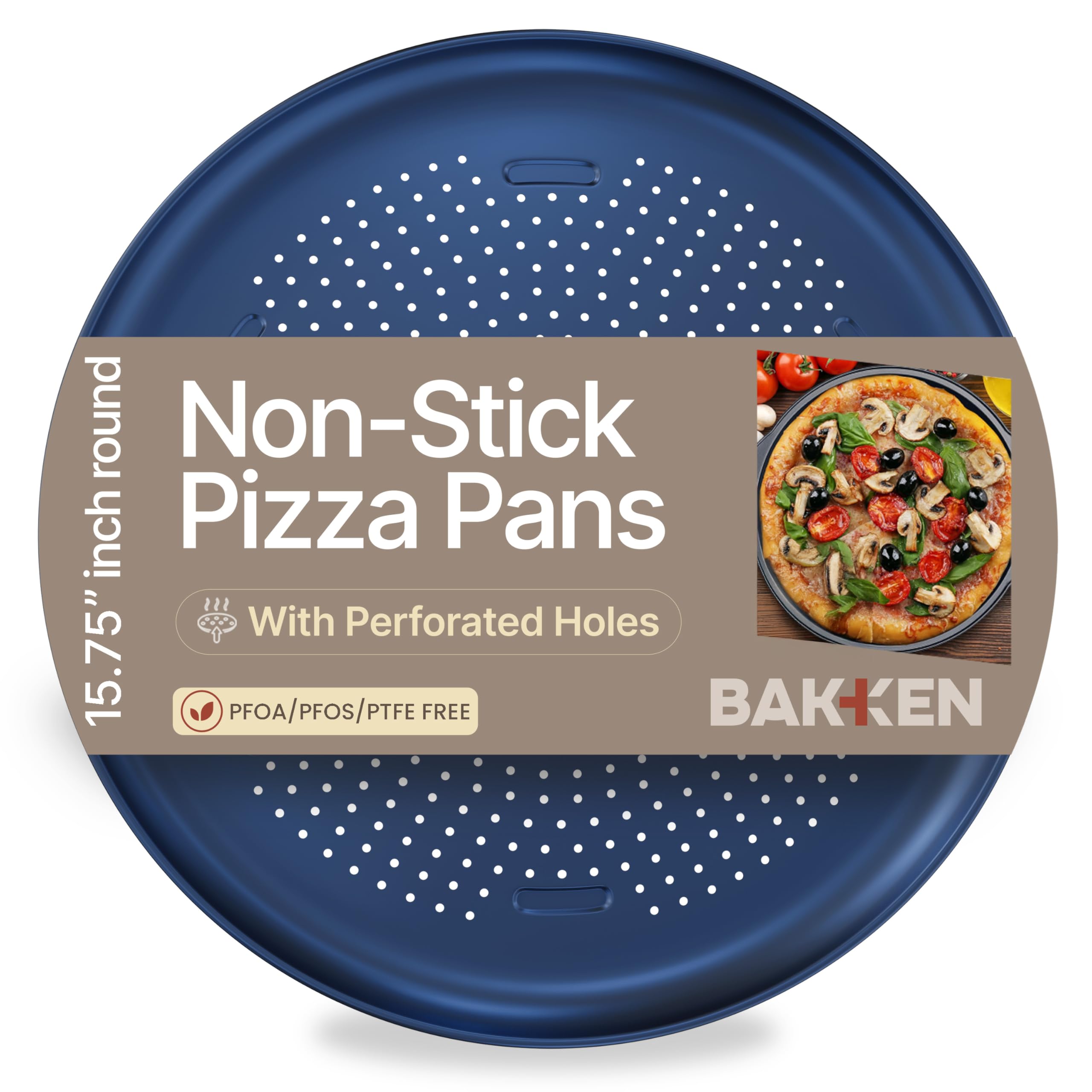 Bakken 16 Inch Non-Stick Pizza Pan 1 Pack, Round Carbon Steel Pizza Tray with Perforated Holes, PFOA, PFOS, &amp; PTFE-Free, Dishwasher &amp; Oven Safe Up To 450°F, Durable Nonstick Coating, Blue