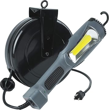 Alert ProReel 5030AM Retractable Cord Reel w/LED Work Light | 30 - 16/3 SJTOW Task Light Cord | 14W LED Shop Light Provides 1500 Lumens | Grounded Outlet with On/Off Handle Switch