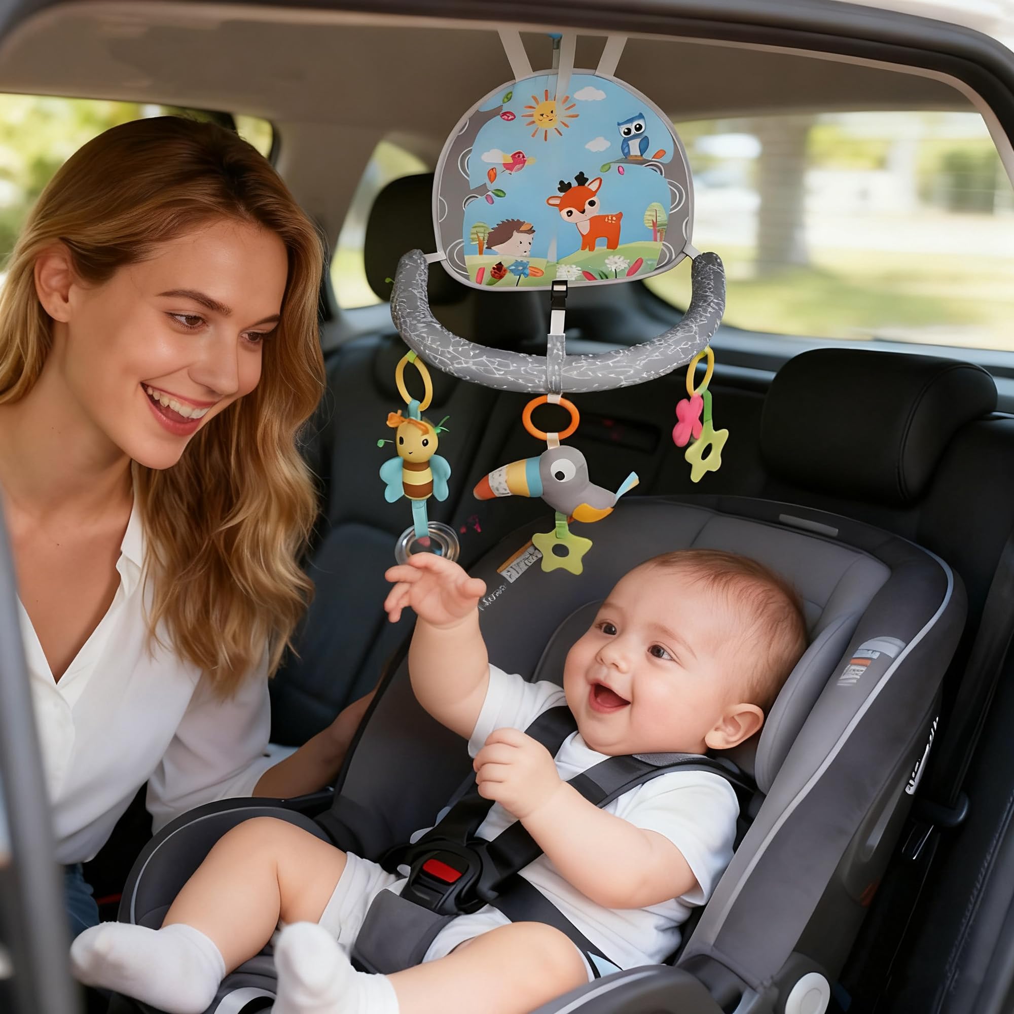 Juguete para el Asiento del Coche para bebés con Espejo y 3 Juguetes Colgantes, Asiento Trasero para bebés, Juguete de Actividad para bebés de 0 a 12 Meses, Juguete para cochecitos ﻿ (Azul)