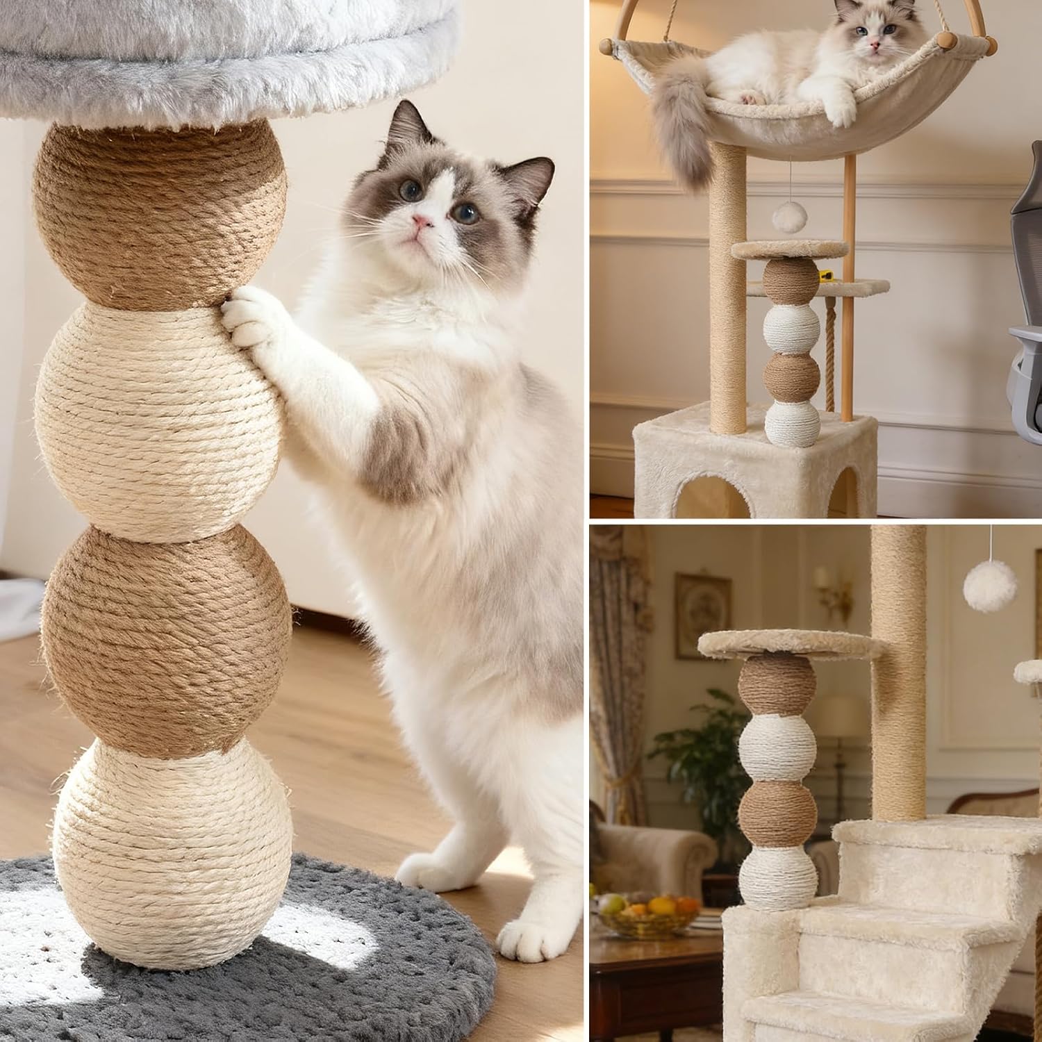 2 Pack Cat Scratching Post Replacement, 13.8 x 3.93 Inch Modern Sisal Poles with M8 Screws, Refill Parts for Indoor Cat Towers and Furniture Repair-White