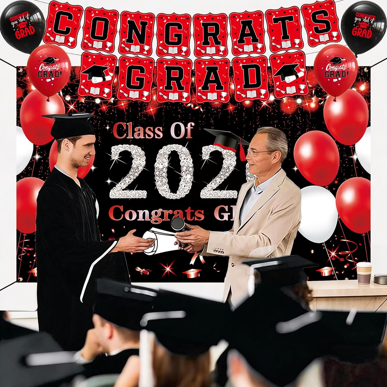 DARUNAXY Black Red Graduation Party Decorations, Red Class of 2026 Graduation Banner, 2026 Congrats Grad Honeycomb Hanging Swirl Confetti Balloon Congratulations Graduates Party Supplies(25PC)