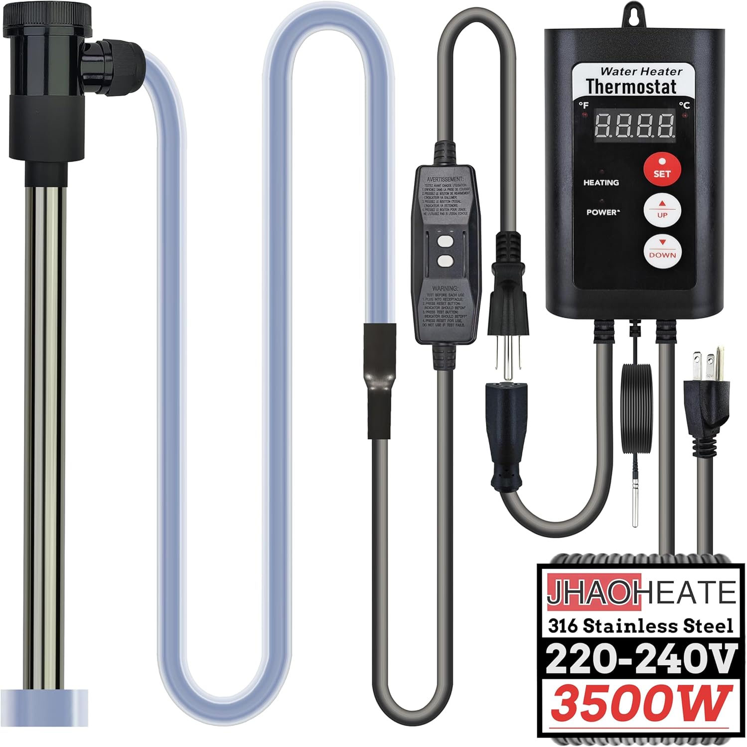 3500W 240V Immersion Water Heater with Temp Control & GFCI – Submersible Electric Heater for Hot Tub, Bucket, Baptistry, Inflatable Pool,Above-Ground Pool,Baptismal Pool & Bathtub