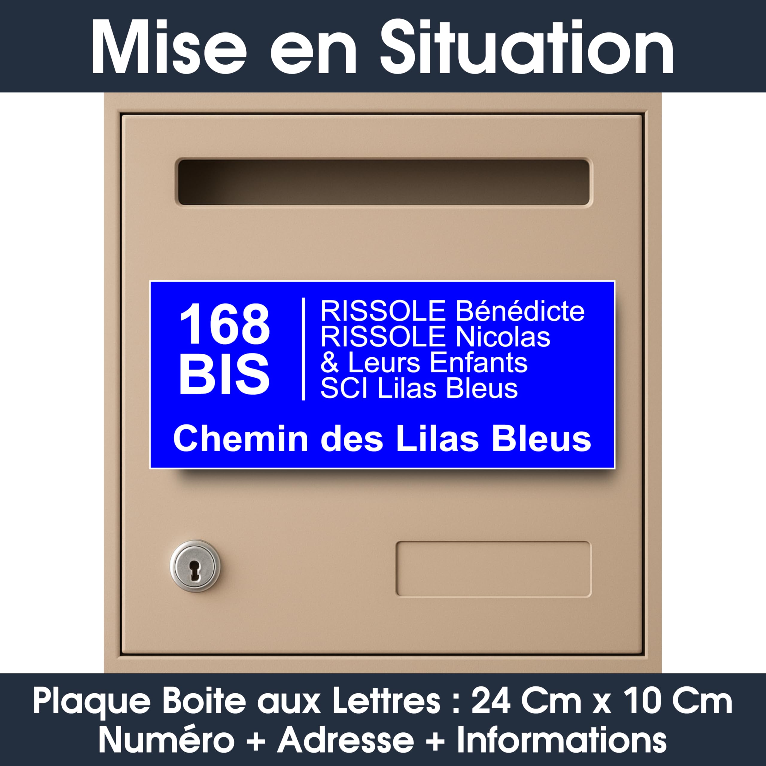 Plaque Boite aux Lettres Personnalisable - 24x10 cm - Numéro de Maison et Adresse - Gravée et Personnalisée - Signalétique Maison, Cabinet, Entreprise, Bureau, Etiquette avec Nom (Bleu)