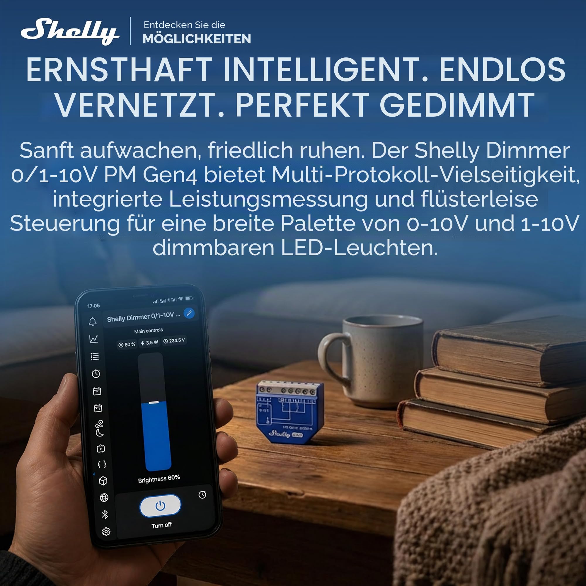 Shelly Dimmer 0/1-10V PM Gen4 – WLAN Smart LED Dimmer Schalter, 0–10V & 1–10V Lichtsteuerung, Unterputz, Leistungsmessung, Zigbee, Matter, Home Assistant, Alexa & Google