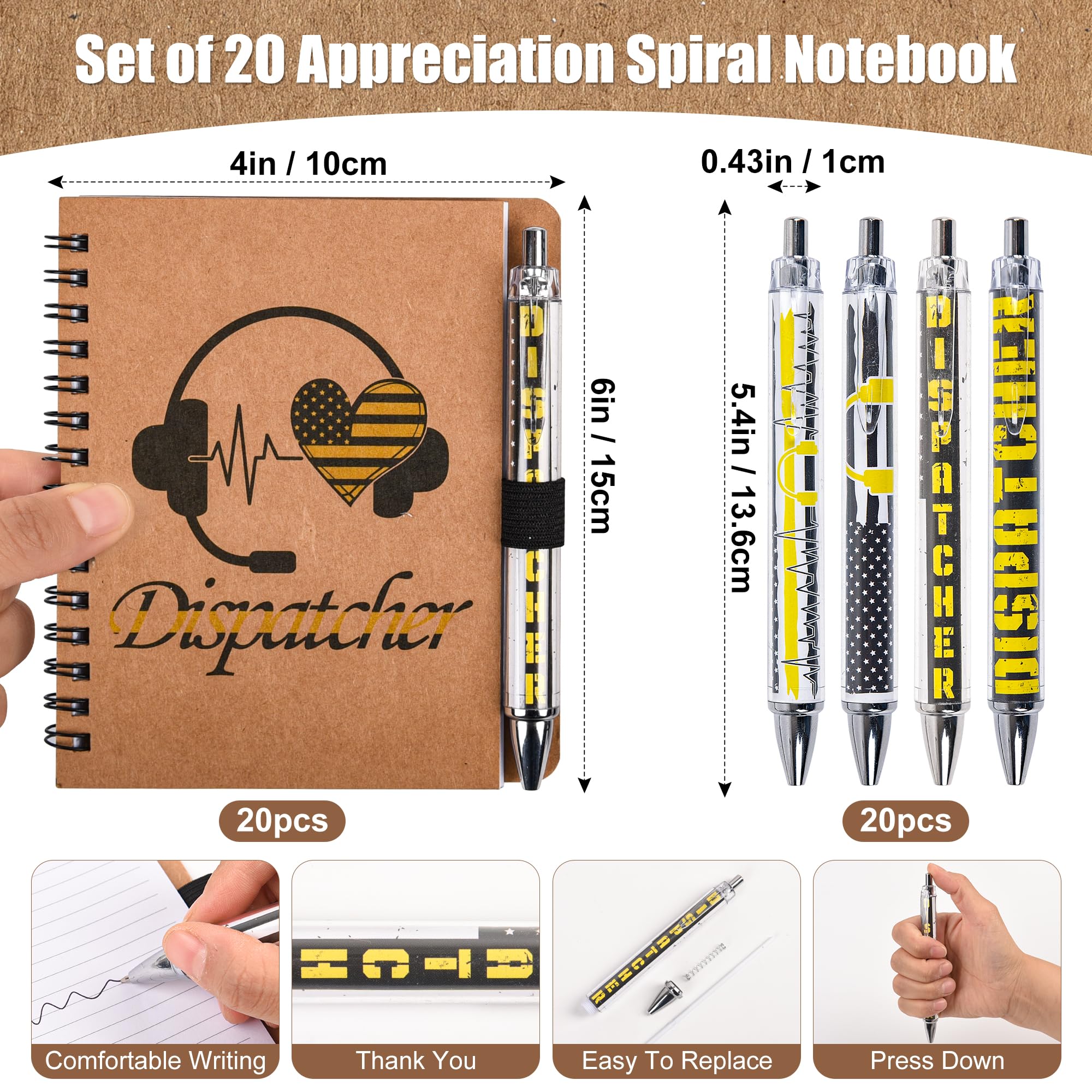 Juego de 20 cuadernos en espiral con bolígrafo de bandera amarilla, regalo de agradecimiento para Navidad, cumpleaños, jubilación, para primeros auxilios, telecomunicadores, compañeros de trabajo