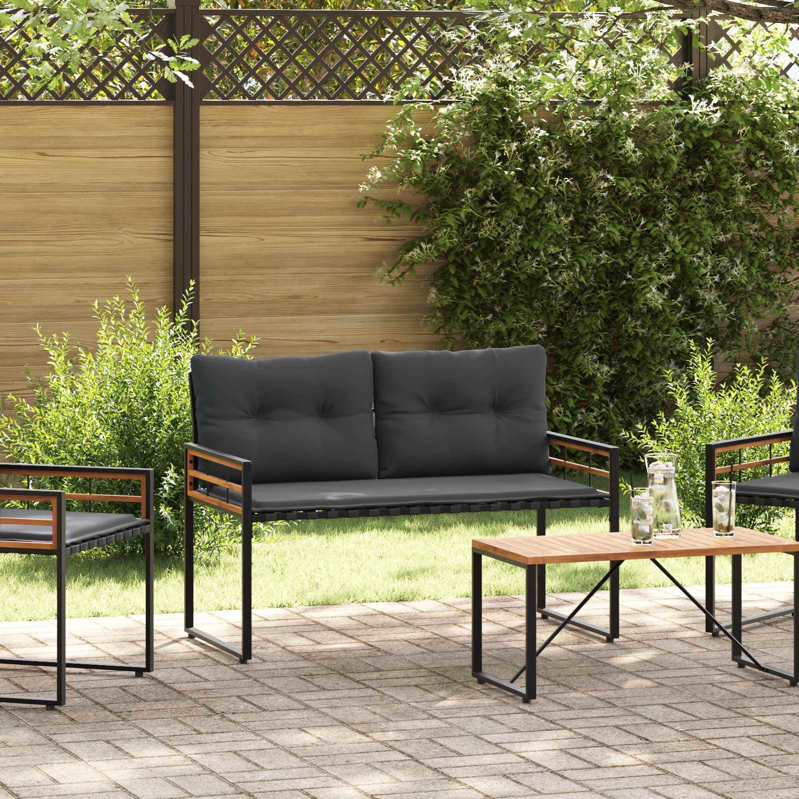 Banco de madera con cojín, color gris pálido, 114 x 55 x 77 cm, banco para balcón y jardín de madera maciza de acacia y acero con recubrimiento en polvo, con patas ajustables