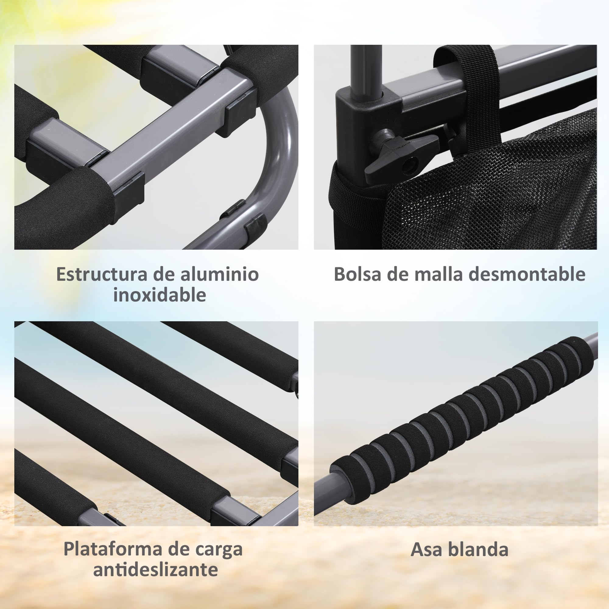 SPORTNOW Carro Playa Plegable, Carro Transporte con Grandes Ruedas de 30 cm para Todo Terreno, con Bolsillo de Malla y Mango Telescópica de Aluminio, para Jardín, Campaña, Compra, Carga 150 kg, Gris