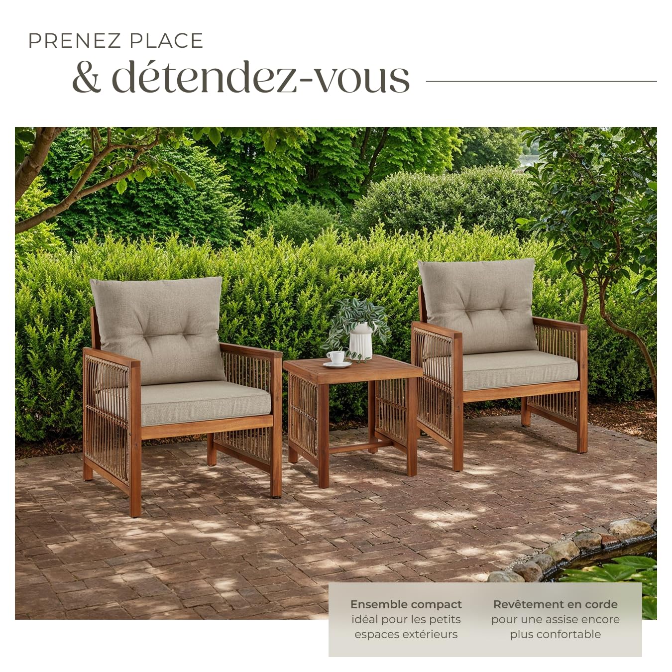tectake® Ensemble 2 Fauteuil de Jardin & Table Basse Salon de Jardin Exterieur Coussins épais Inclus Cadre en Bois Massif d'acacia & Acier laqué époxy Mobilier Chaises Balcon Terrasse Veranda Maison