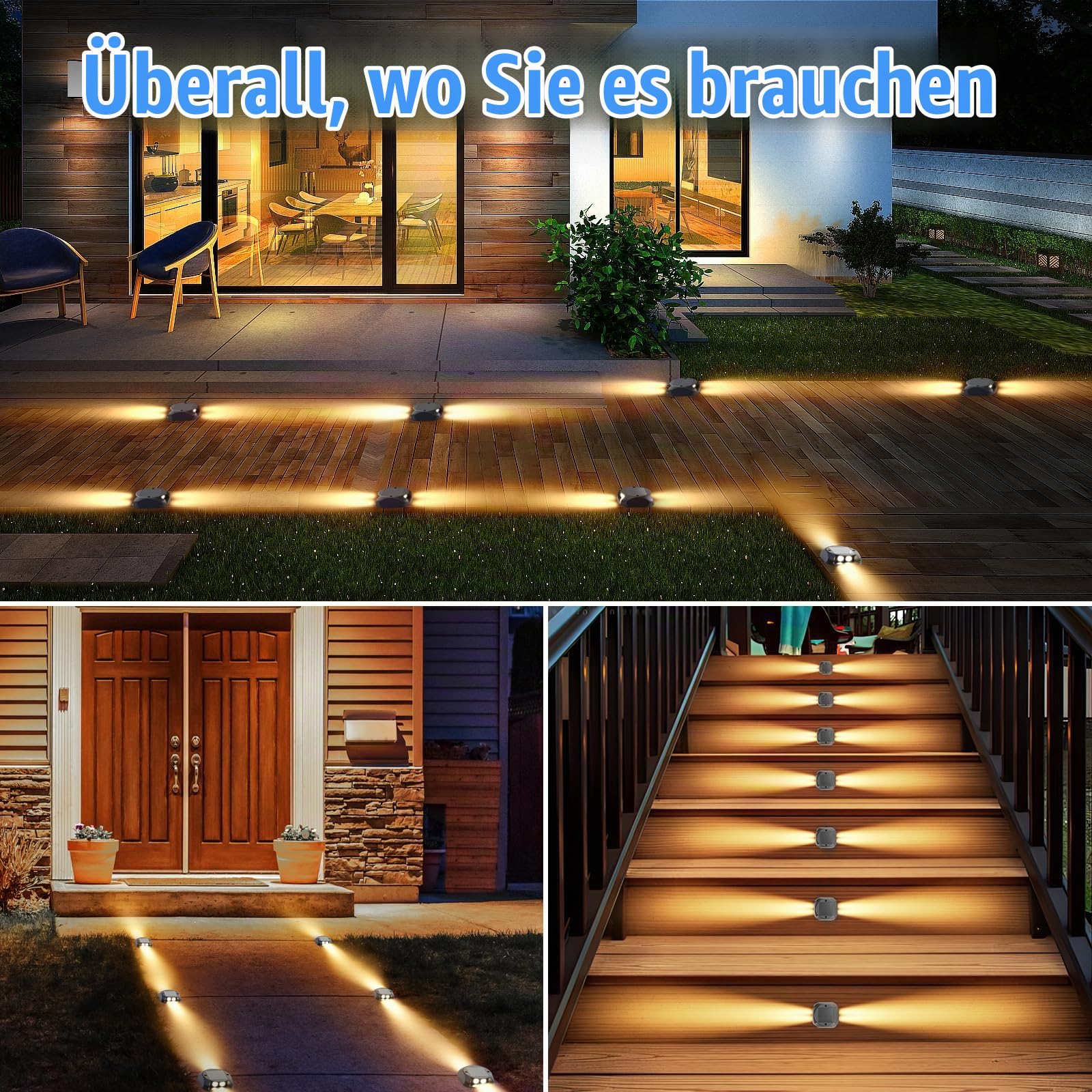 Quntis Solar Bodenleuchten Außen 8 Pack Warmweiß IP65 wasserdicht | Solarleuchten Outdoor LED Solar Deck Lights 3 Tonnen Belastbar Solarlampe Wegleuchte 4 LED Gartenleuchten Treppenbeleuchtung