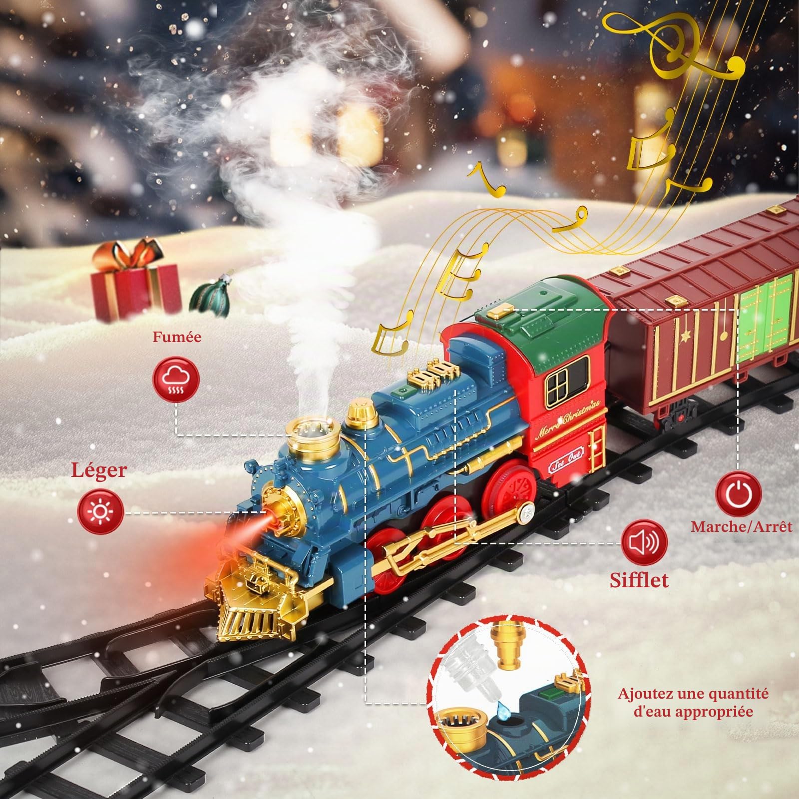 Train électrique de Noël rétro avec Sons, lumières, Vapeur et Batterie Rechargeable, Comprenant Locomotive, Wagons et scène décorative, Jouet Train de Noël sous Le Sapin, pour Enfants dès 3 Ans