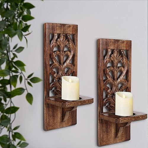 Juego de 2 candelabros de pared de madera quemada, portavelas de pilar montados en la pared para decoración navideña, apliques de madera rústica,