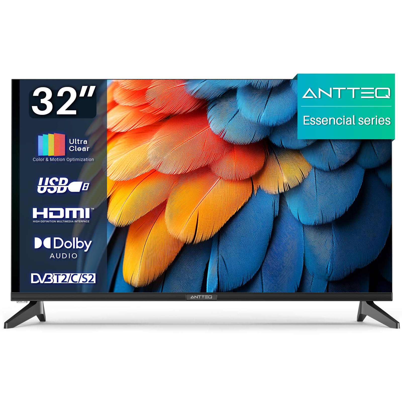 Antteq E32-AH1Q1L Fernseher 32 Zoll (TV 81 cm) LED TV, HD, Triple Tuner (DVB-T2/S2/C), Hotelmodus（Essencial Series）