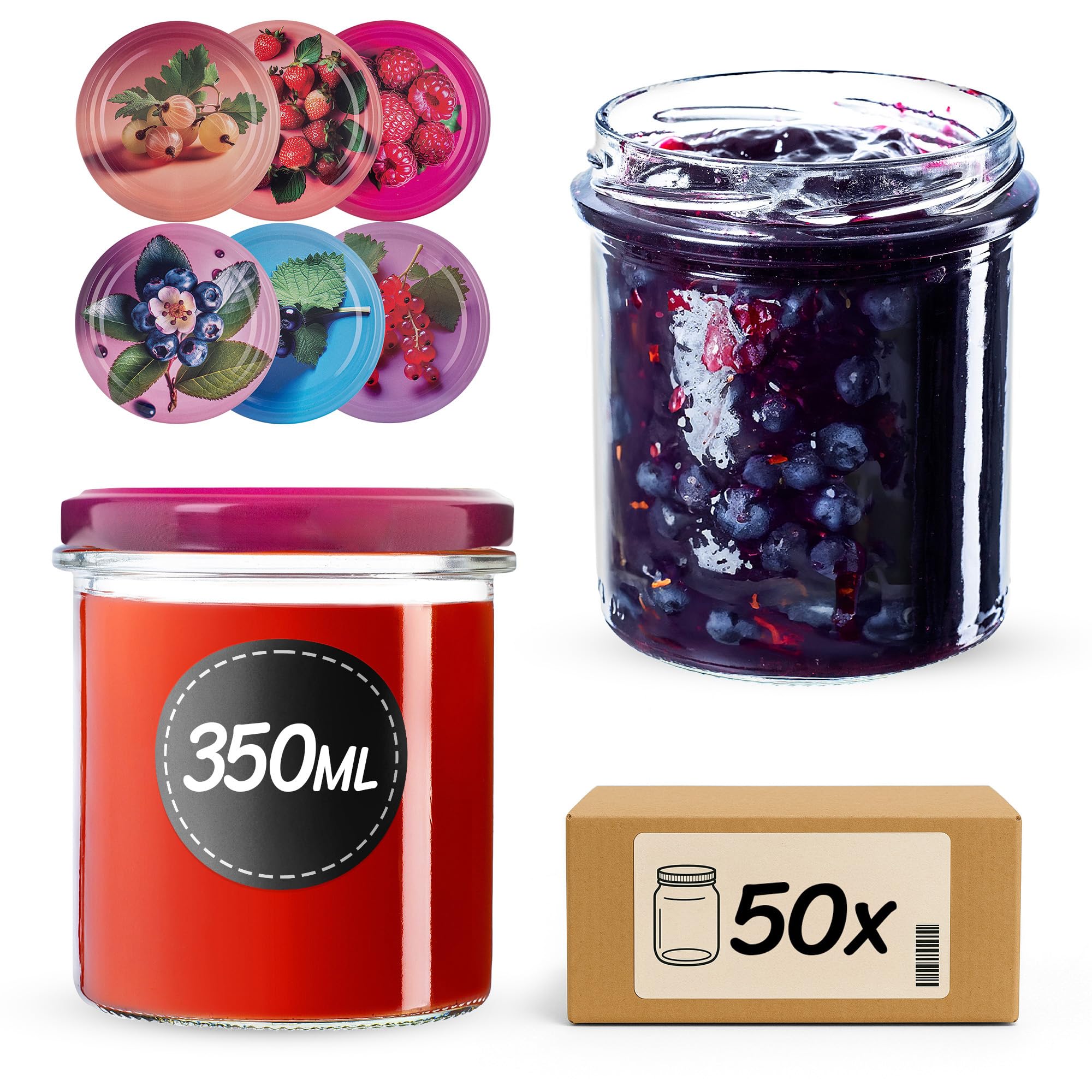 KADAX Set di 50 vasetti per marmellata in Vetro 350ml Ø82 Frutti di Bosco – Tappo a Vite ermetico, per marmellate, Miele, confetture e bomboniere