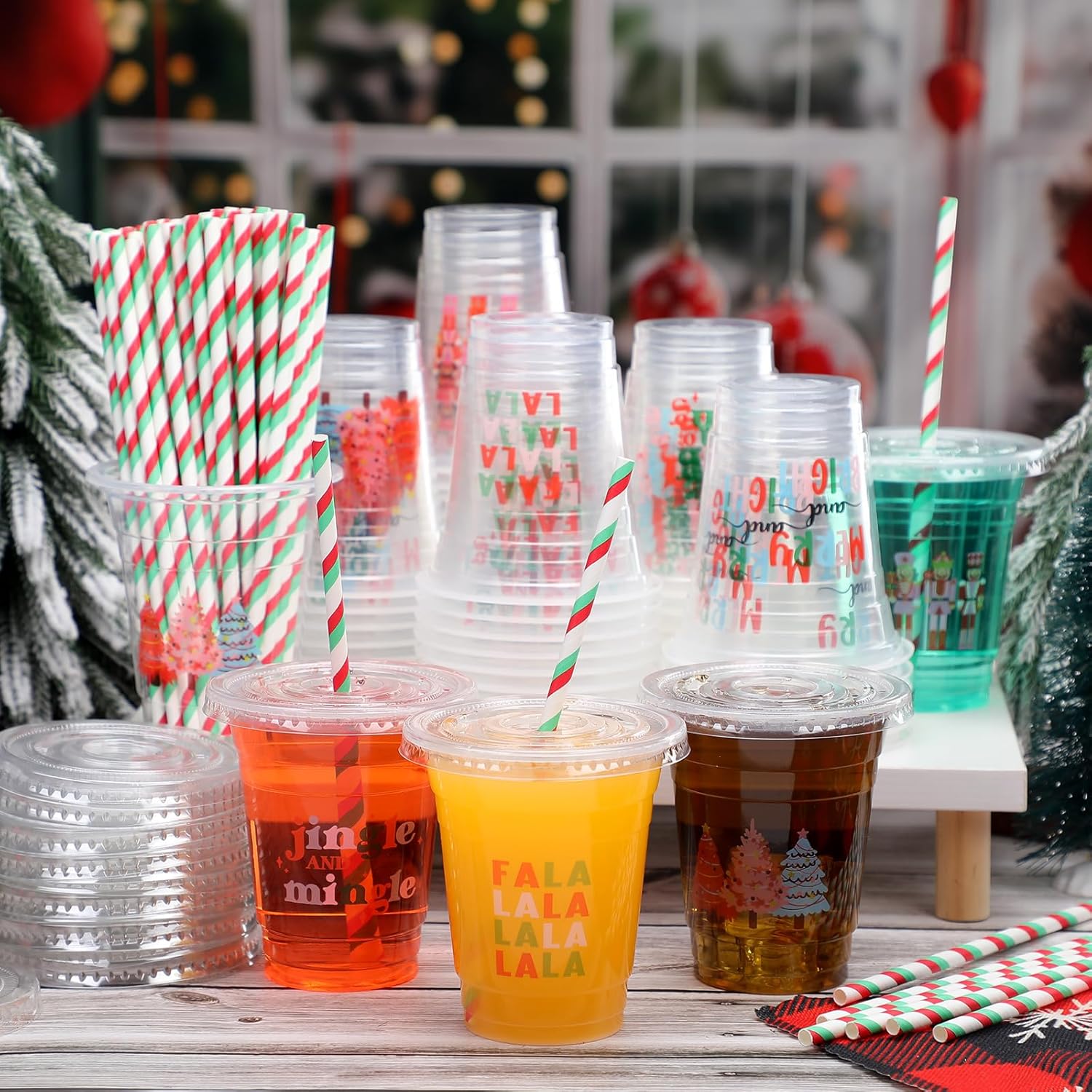 50 Sets Christmas Disposable Cups for Party Decoration with Lids and Straws Plastic 12 oz Nutcracker Red Green Cold Beverage Drinking Cups for Xmas Tree Birthday Party Decorations Supplies
