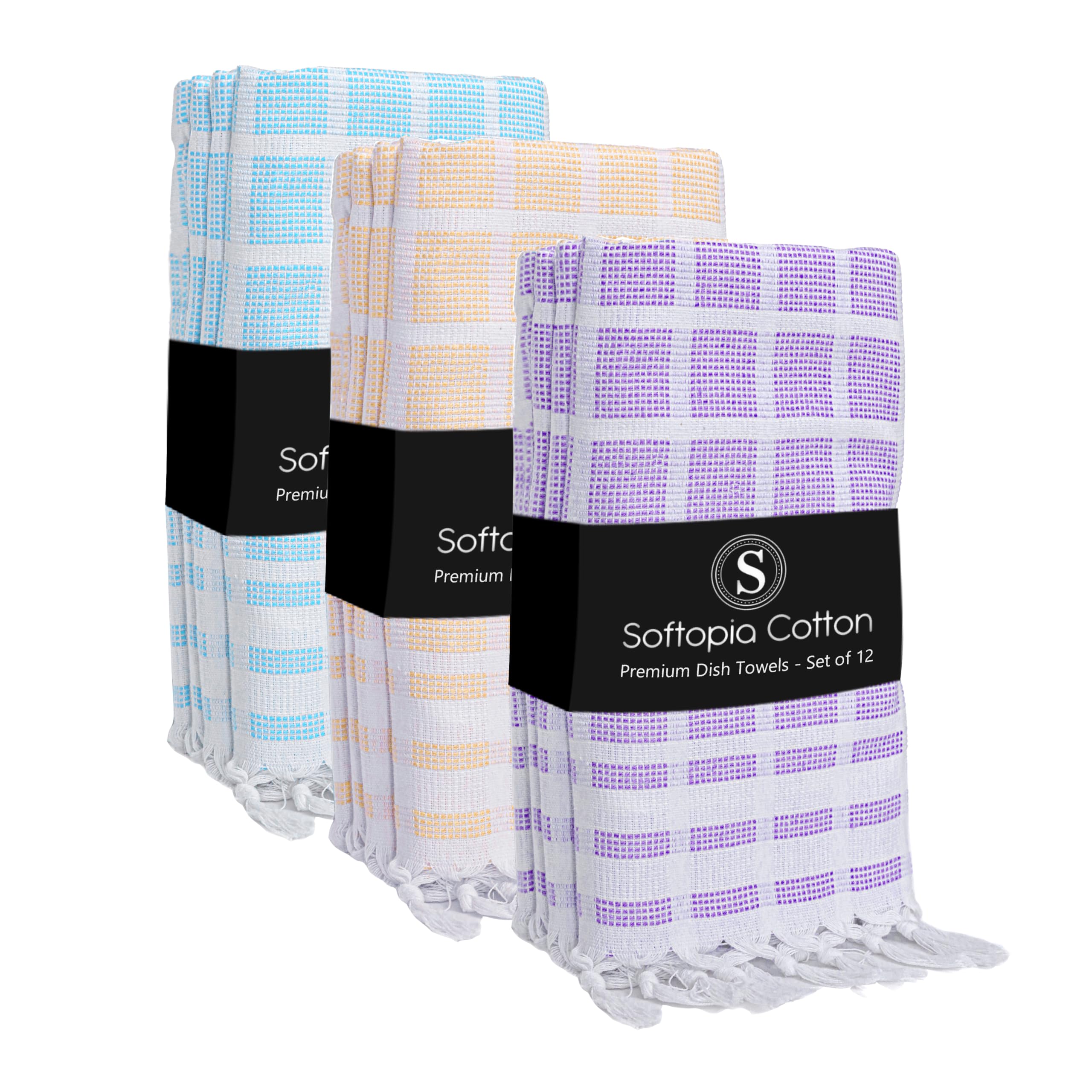 Matrix Dobby Kitchen Towels Set of 12, 100% Cotton, Combo Pack, 16"x26", Absorbent Tea Towels with Handmade Tassels, Reusable Cleaning Cloths - Lavender, Sandal Yellow, Aqua Blue
