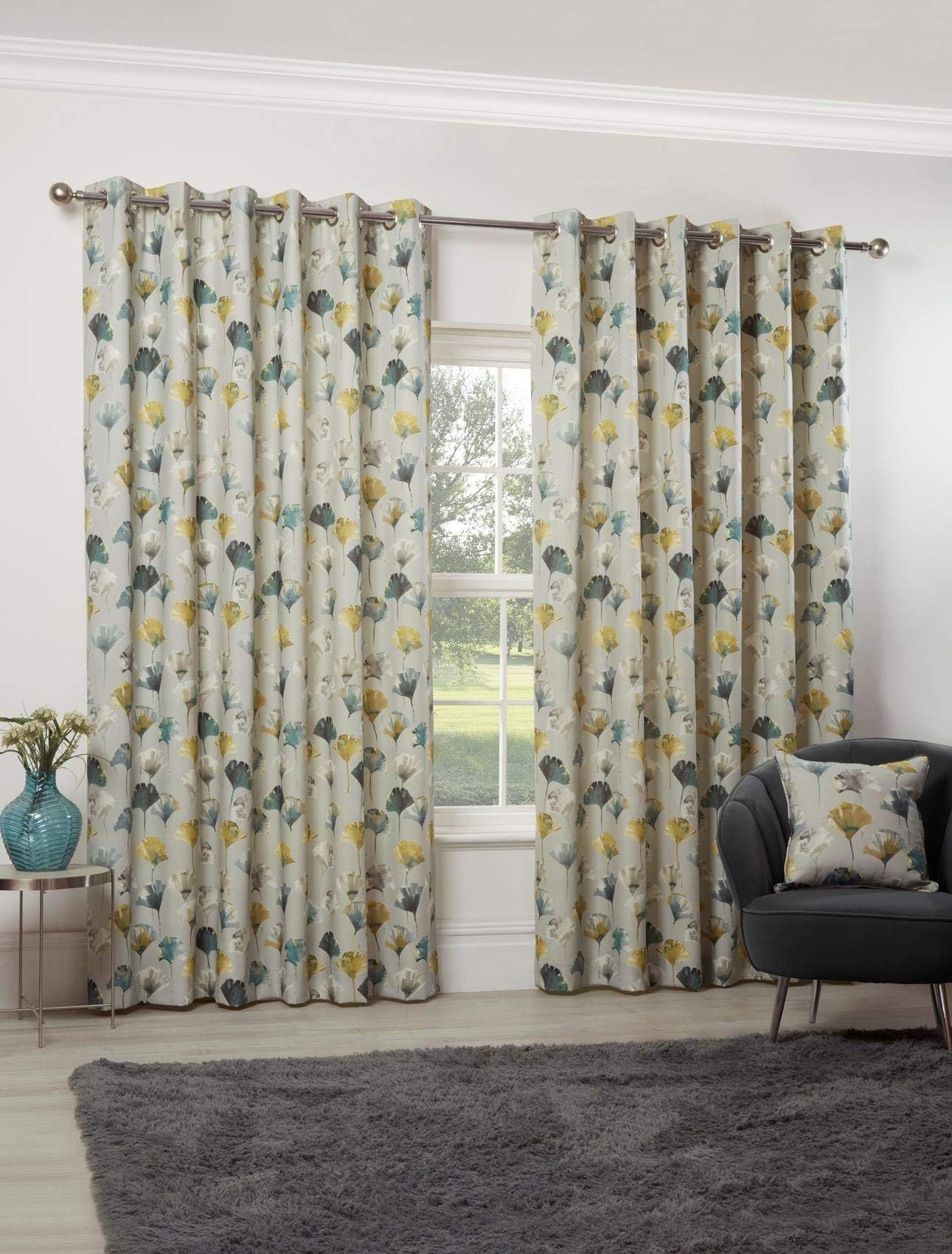 CamarilloFloral Eyelet Curtains 90 x 72 Ochre Lined Watercolour Flowers