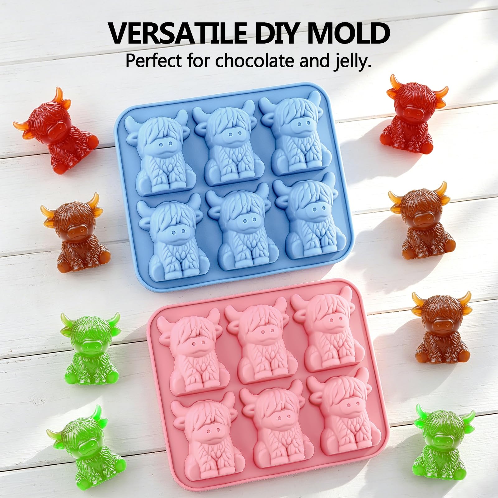 2 bandejas de cubitos de hielo de vaca de las tierras altas, bandeja de cubitos de hielo de silicona, moldes de cubitos de hielo, molde de hielo de vaca linda de fácil liberación, bandeja de hielo