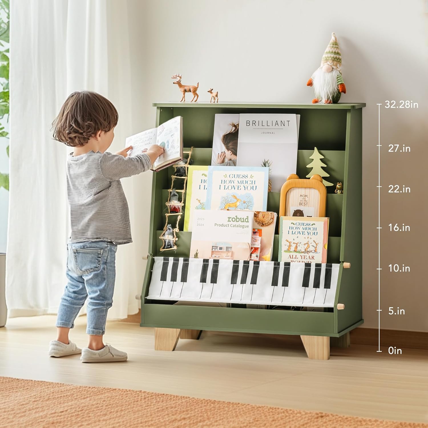 ROBOTIME 4-Tier Kids Bookshelf - Toddler Bookshelf for Classrooms, Playrooms, and Nursery - Wooden Kids Bookcase Front and Back Storage, Children Book Rack for Boys, Girls (Green)