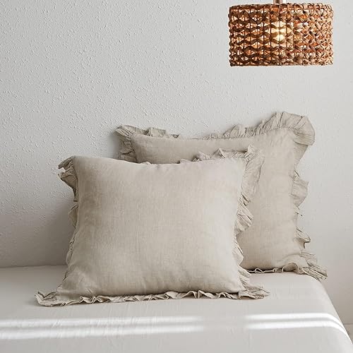 Simple&Opulence Juego de 2 fundas de almohada 100% lino lavado a la piedra con volantes de 26 x 26 pulgadas, almohada decorativa del hogar, suave y Simple&Opulence Juego de 2 fundas de almohada 100% lino lavado a la piedra con volantes de 26 x 26 pulgadas, almohada decorativa del hogar, suave y