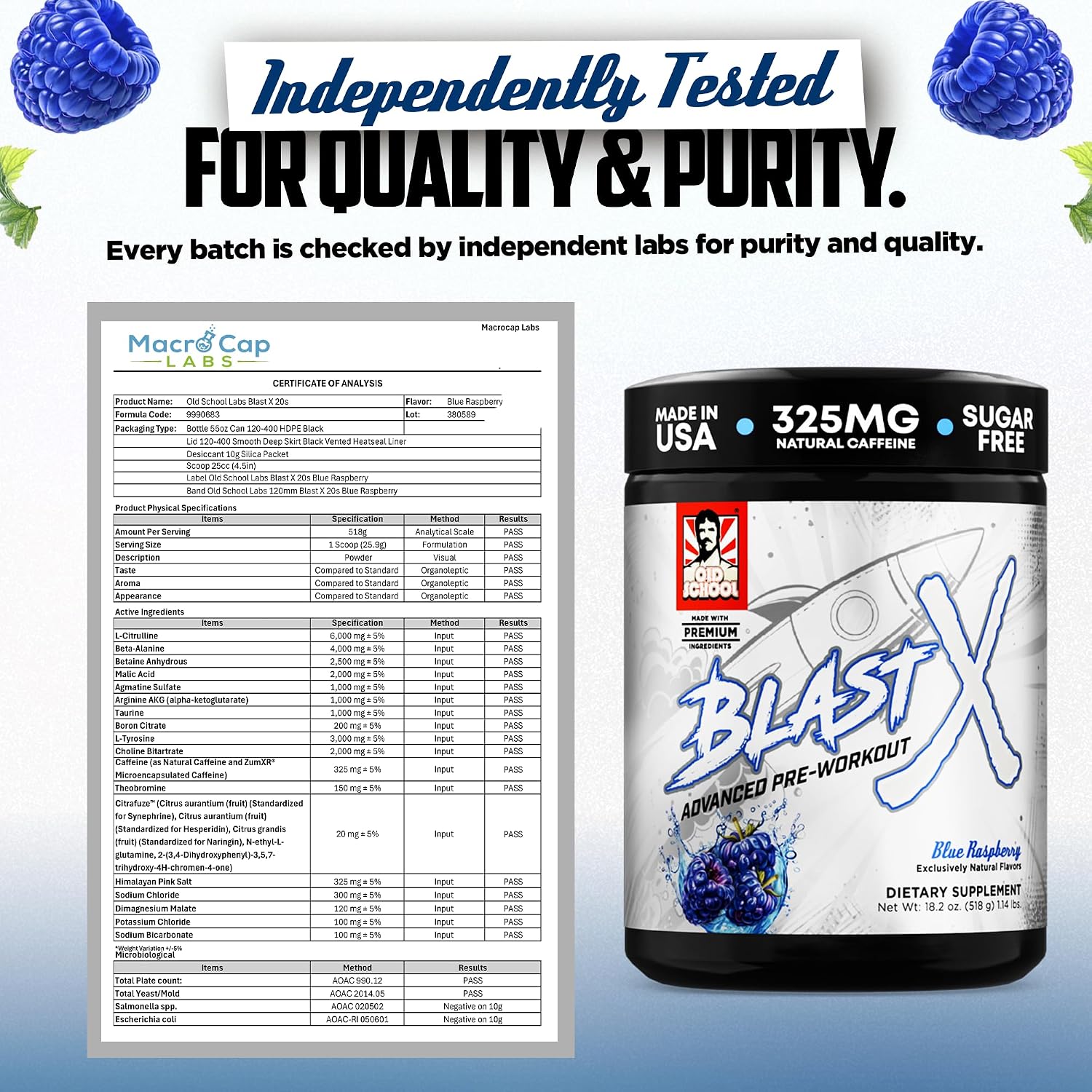 Old School Labs | Blast X Advanced Pre Workout Powder, Intense Energy Booster Preworkout for Men & Women- Blue Raspberry, 20 Servings