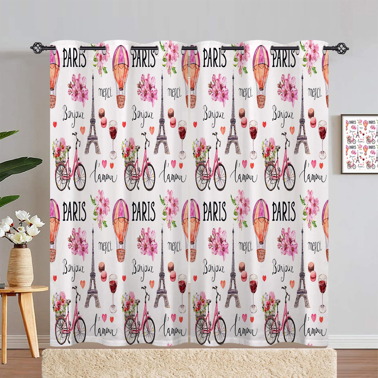ANHOPE Paris Curtains Eyelet Soft Thermal Insulated Blackout Curtains Watercolor Eiffel Tower Bicycle Wine Flower Print Pattern Ring Top Drapes for Bedroom Living Room 55 x 90 Inch Drop 2 Panels — image 1