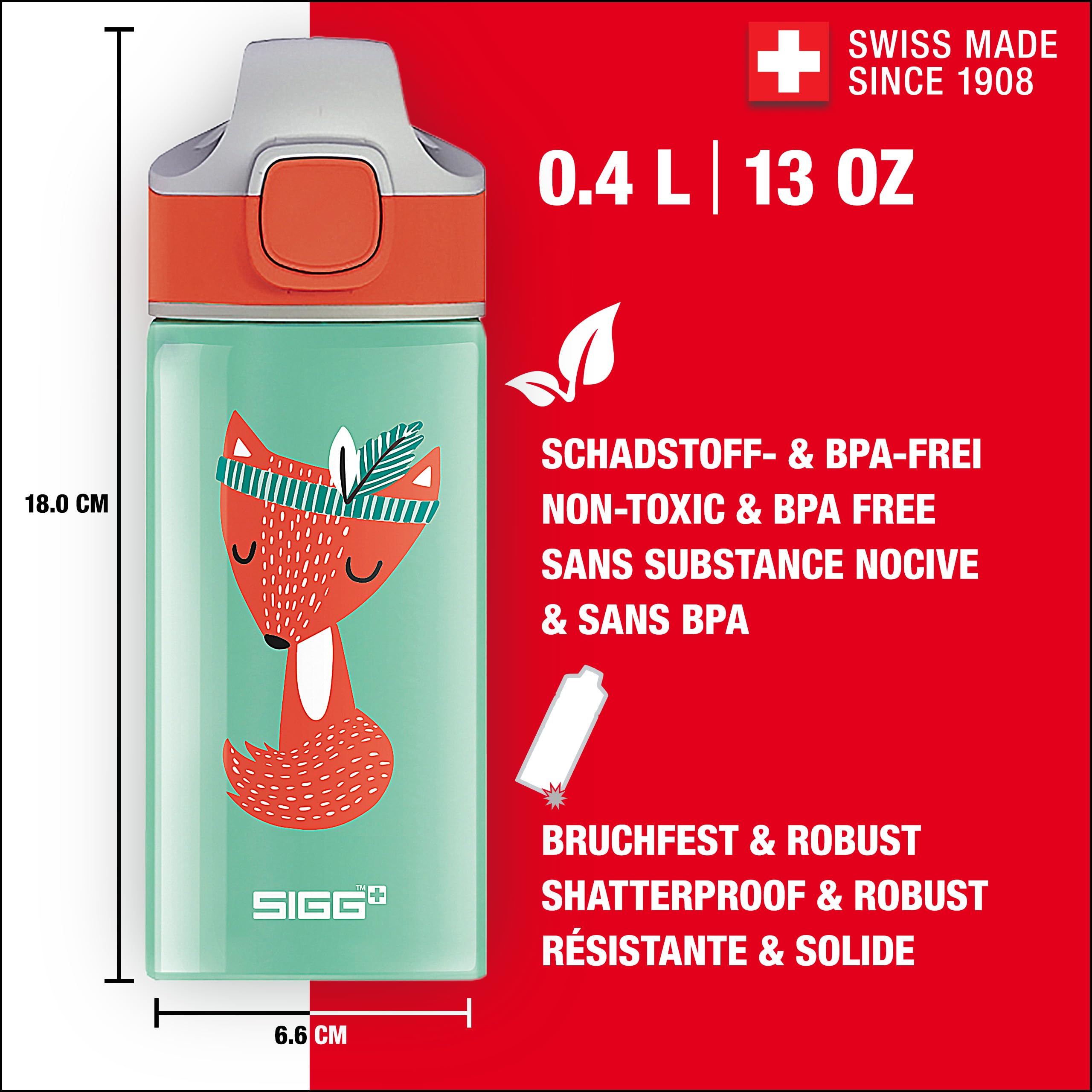 Sigg Gourde Enfant Aluminium Paille 0,4L Étanche Sans BPA Vert Motif Renard Indien