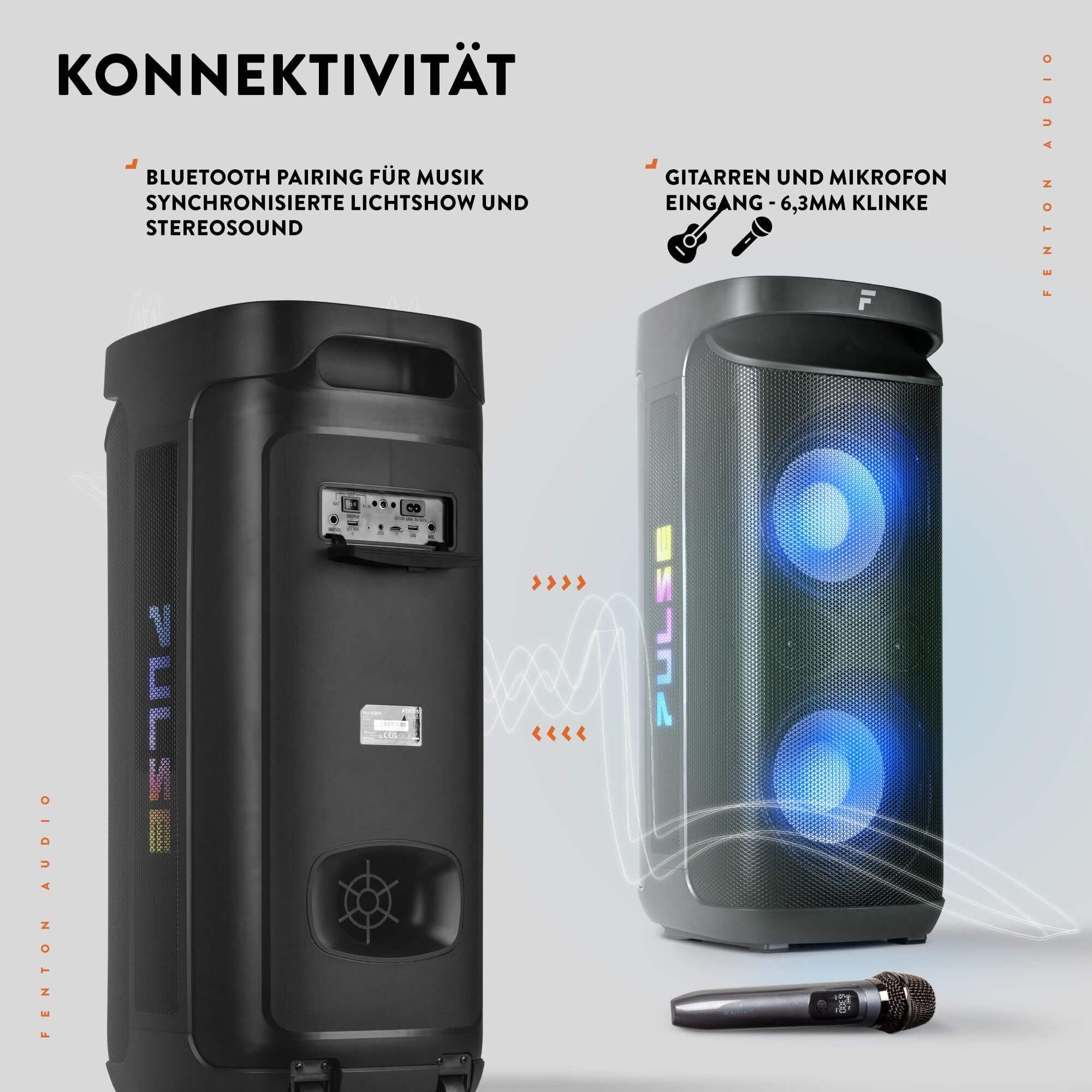 Fenton Pulse200 - Scatola musicale Bluetooth grande, 400 W, impermeabile, batteria 12H, microfono UHF, BT 5.3, radio FM, telecomando, scatola Bluetooth, per feste, per la musica, portatile, colore
