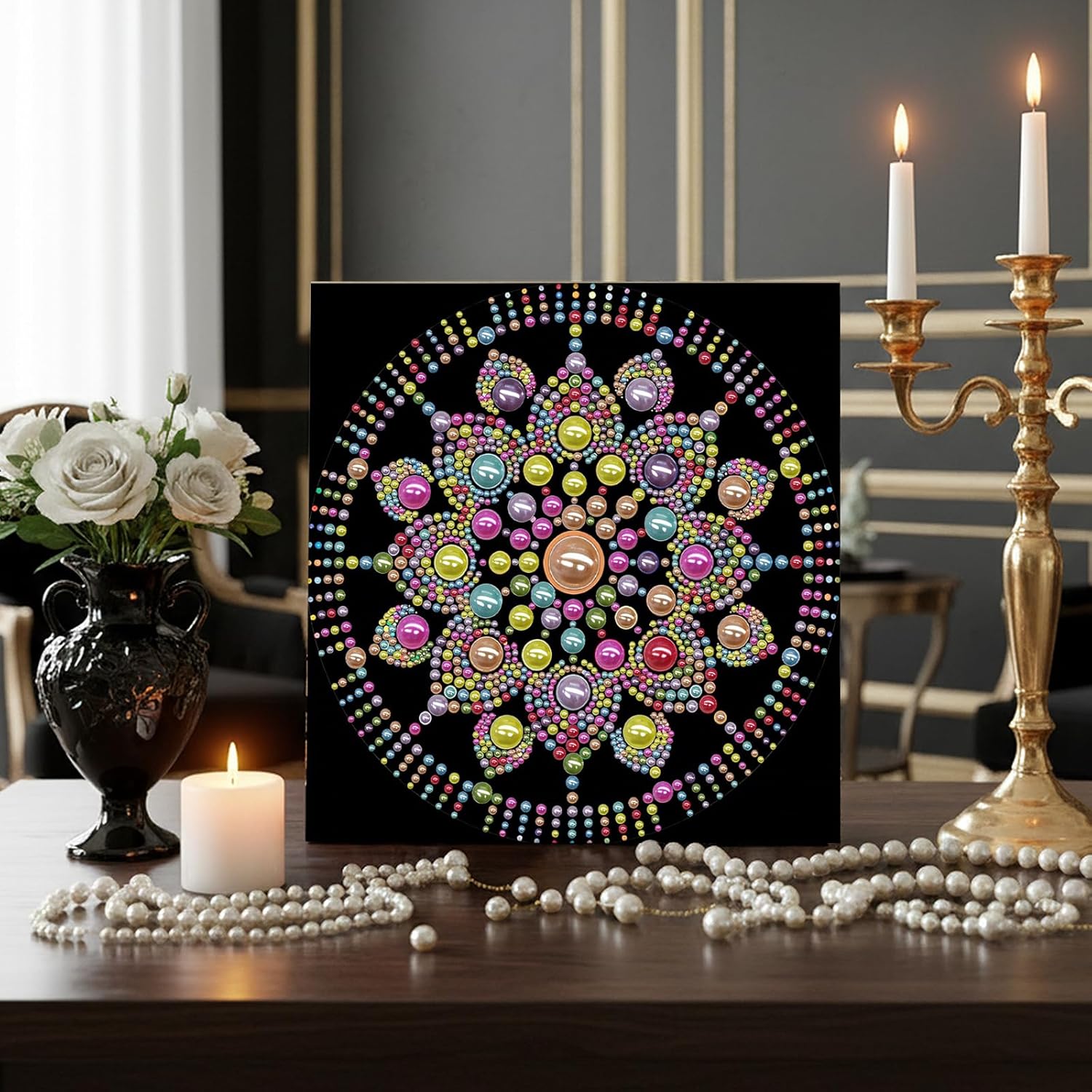 C'eitura Color Bloom Mandala DIY Pearl Painting Art Kit with Frame - 9.84x9.84 Inch Floral Burst Pearl & Gem Craft Set for Adults Beginners, Ready-to-Hang Vibrant Wall Decor, Joyful Home Gift