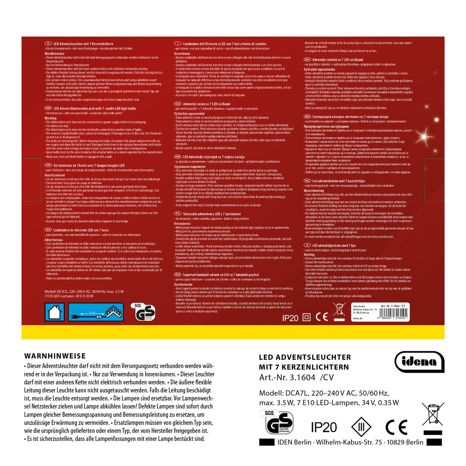 Idena 31604 - Portacandele LED dell'Avvento in legno laccato rosso con 7 candele LED bianco caldo, arco di candele con lampadina di ricambio e interruttore, decorazione natalizia per interni