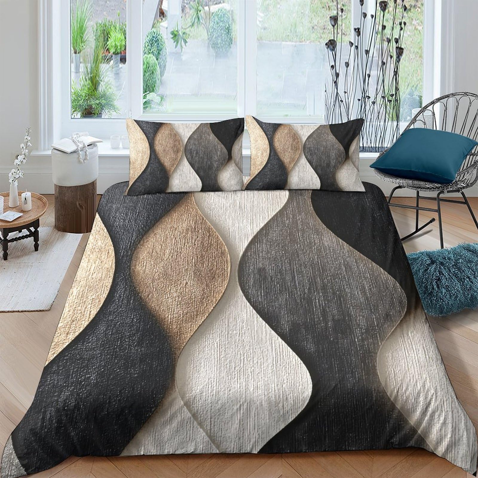 GPLZQXKJNH 3D Printed Abstract Wave Duvet Cover Set Microfiber Soft Breathable Geometric Bedding Set with 2 Pillowcases for Bedroom Decor Single（135x200cm）