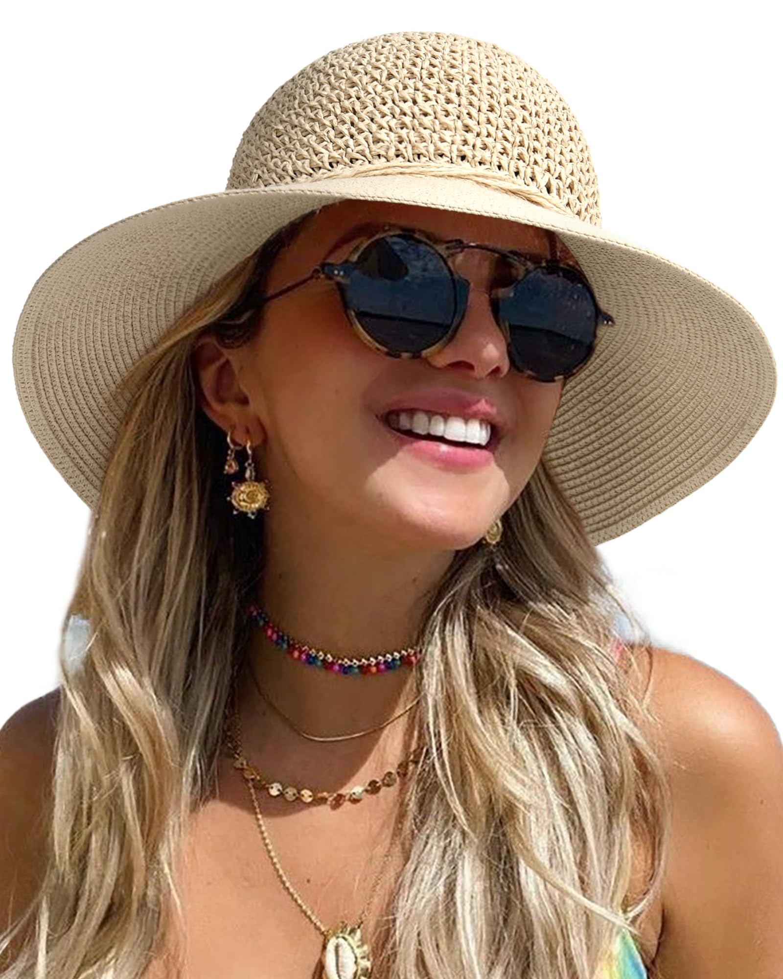 Crochet Straw Sun Hat Wide Brim Beige Packable Beach Resort Hat Kiibsot Beach Hats for Women Big Straw Wide Brim Summer Hat  main image 3