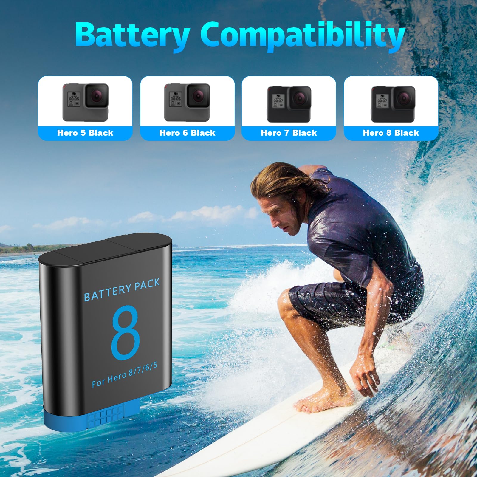 Lot de 3 batteries Hero 8 + chargeur à 3 ports compatibles avec GoPro Hero 8/7/6/5/2018 Noir