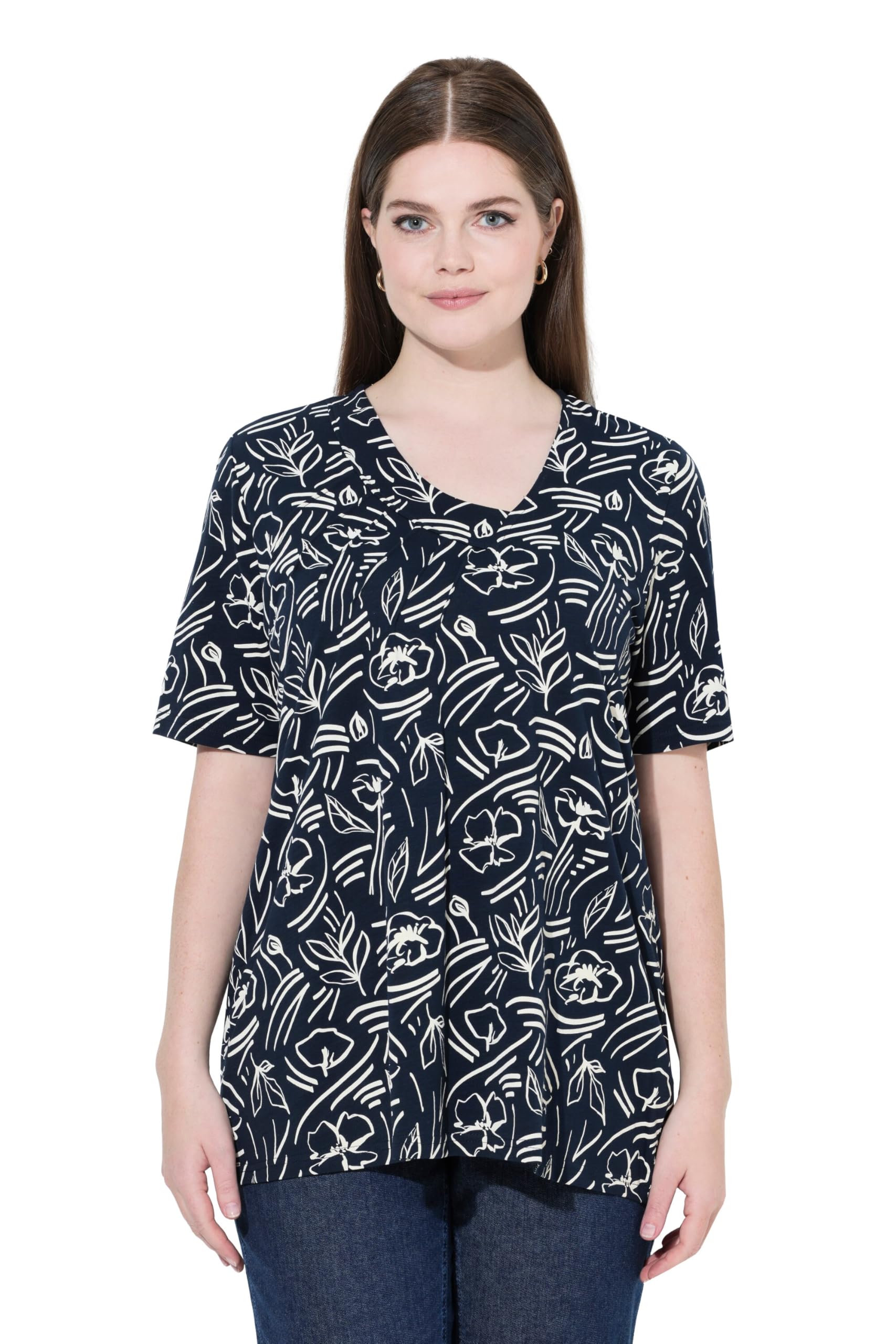 Ulla Popken Damen große Größen Übergrößen Plus Size T-Shirt, A-Linie, V-Ausschnitt, Halbarm, Biobaumwolle 840781