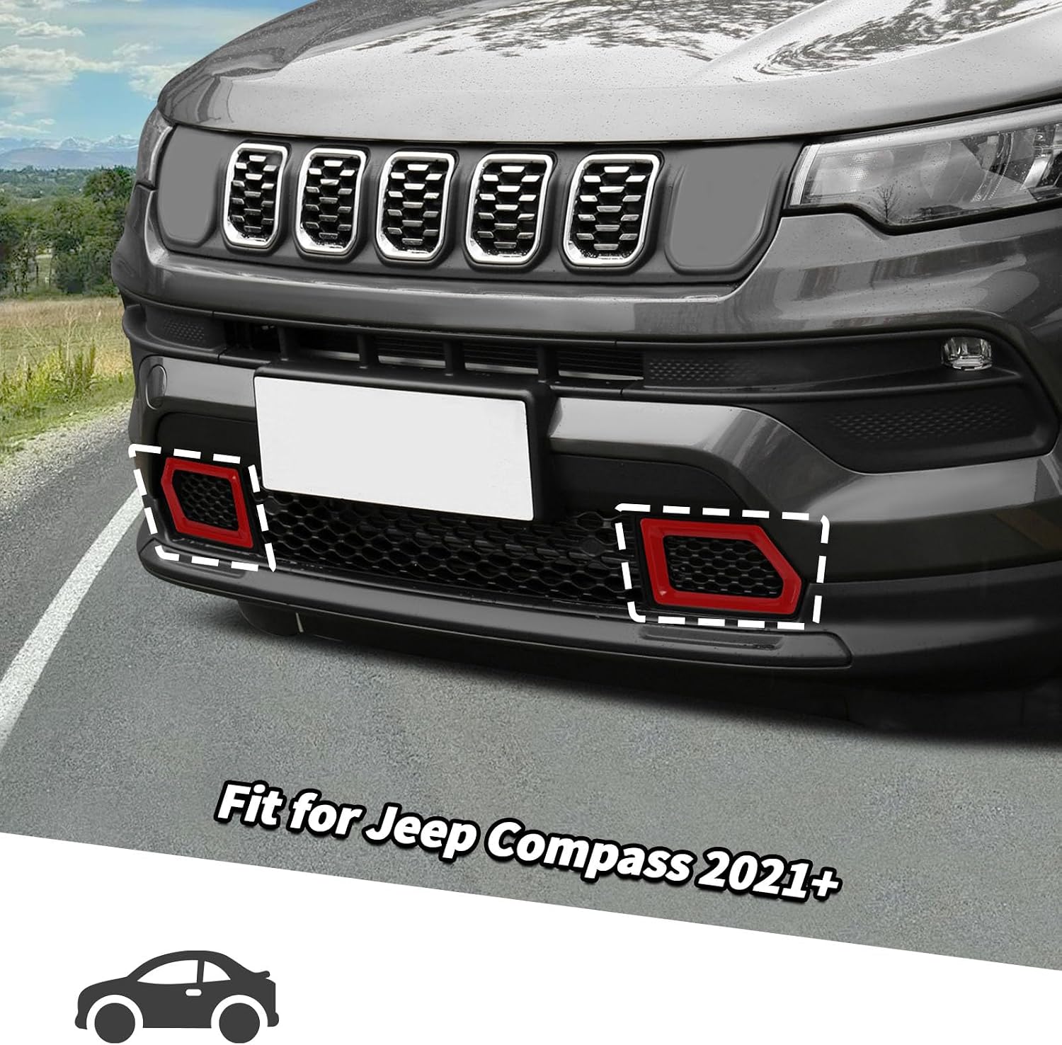 Jimen Fit for Jeep Compass 2021-2024, 2PCS Front Bumper Grille Cover Trim (Red)