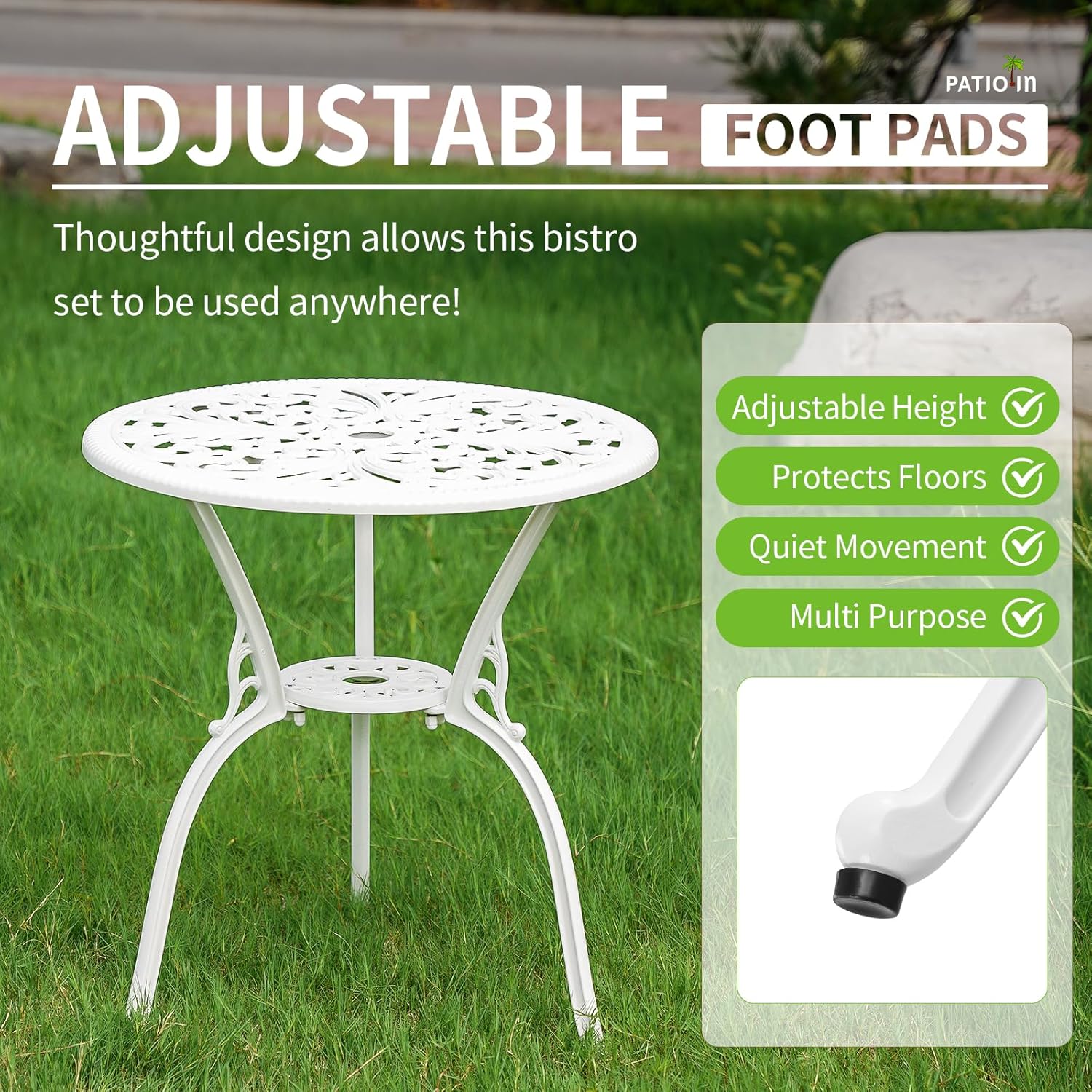 Outdoor Bistro Table and Chairs Set of 2, White Metal Patio Bistro Set, Cast Aluminum Bistro Set 3 Piece Outdoor with Umbrella Hole, 3 Piece Outdoor Bistro Set for Balcony Garden Porch