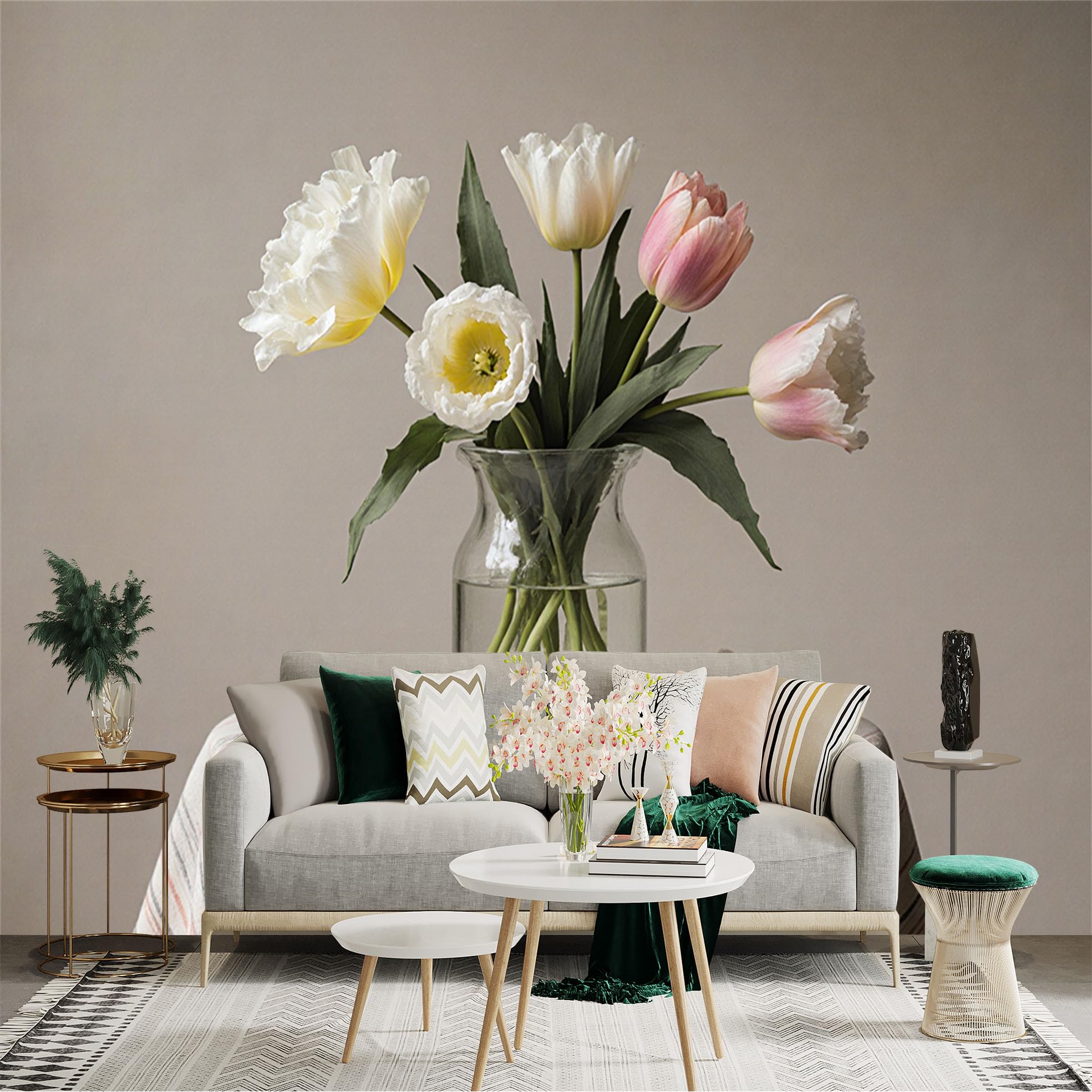 Custom Size Wall Sticker Mural， Elegant Tulip Bouquet in Glass Vase， Soft Pastel Floral Still Life， for wall Decoration， peelandstick wall Decals.