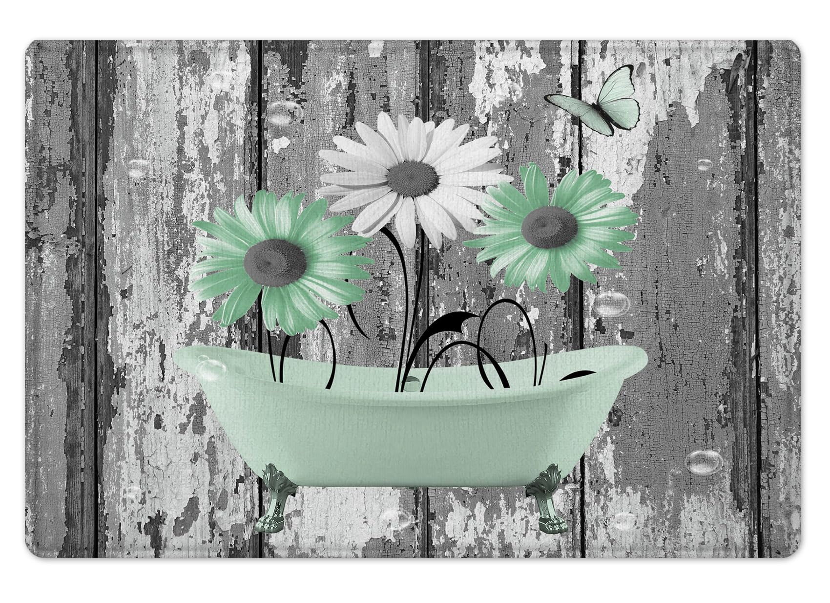 HVEST Farmhouse Sage Green Floral Bathroom Rugs Grey and White Daisy Flower Butterfly on Rustic Wood Bath Mats for Bathroom Flower Plant Non Slip