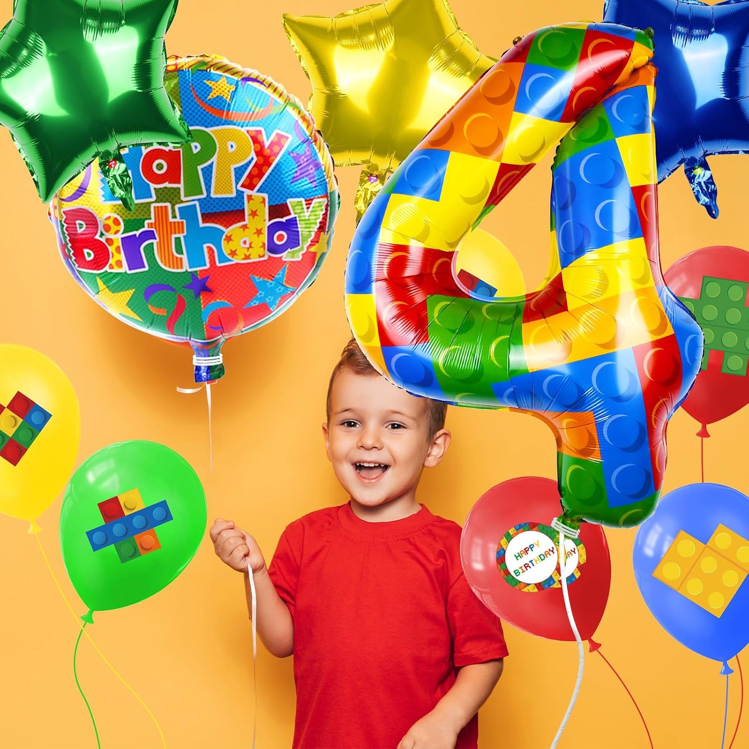 40 Inch Building Block Number Balloon, Colorful Number Block Foil Balloons Large Big Numbers Helium Balloon for Girls Boys 4th Birthday Brick Theme Party Decorations (Number 4) image 4
