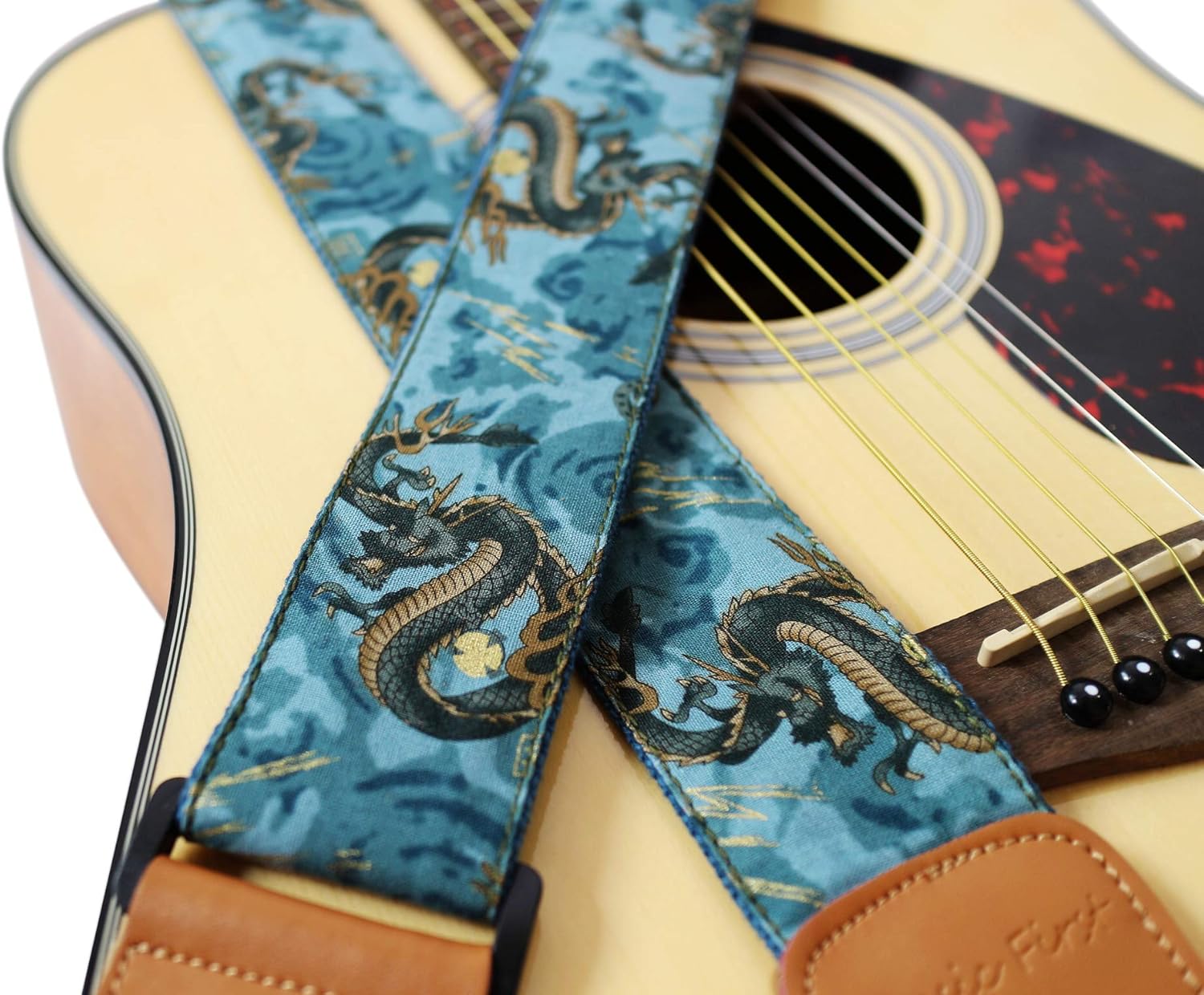 MUSIC FIRST Original Design, 2 inch width (5cm), Ukiyoe Style “The Dragon King” Soft Muslin & Genuine Leather Delux Guitar Strap,Electric Guitar Straps