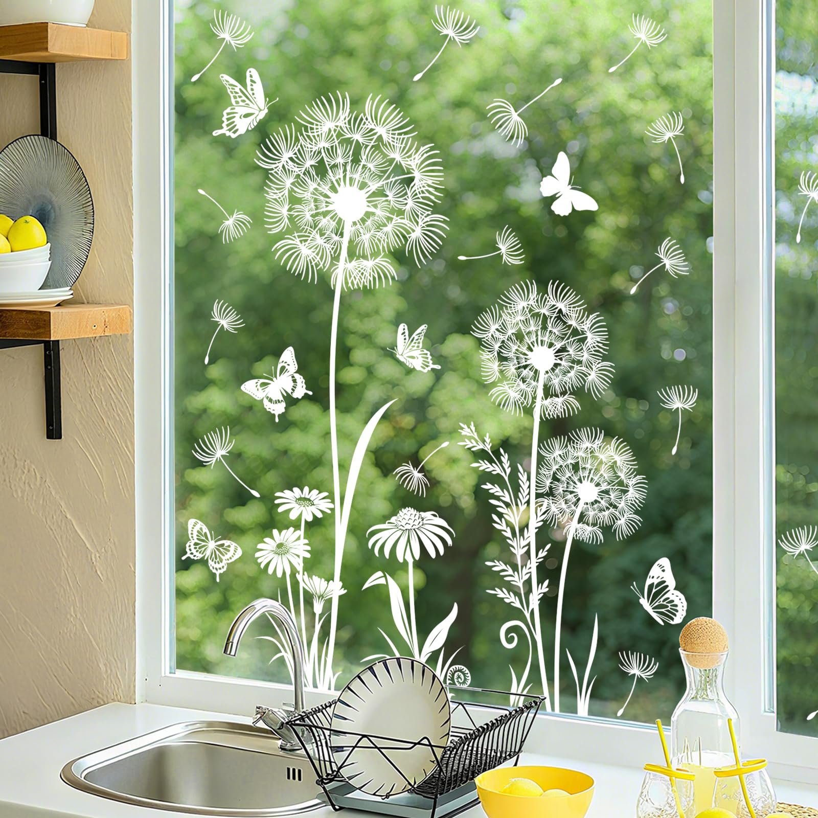 Tanlaby White Dandelion Window Clings Flying Flowers Butterflies Static Window Stickers Anti-Collision Spring Summer Window Decals for Glass Windows Doors Decoration Gifts