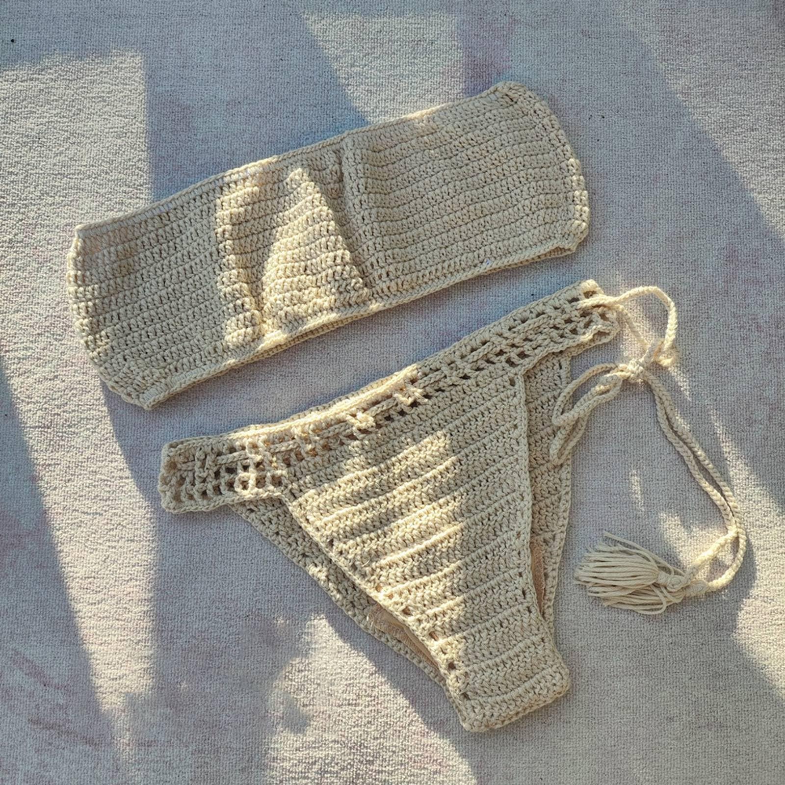 Damski ręcznie robiony szydełkowany strój kąpielowy bikini, beżowy, L