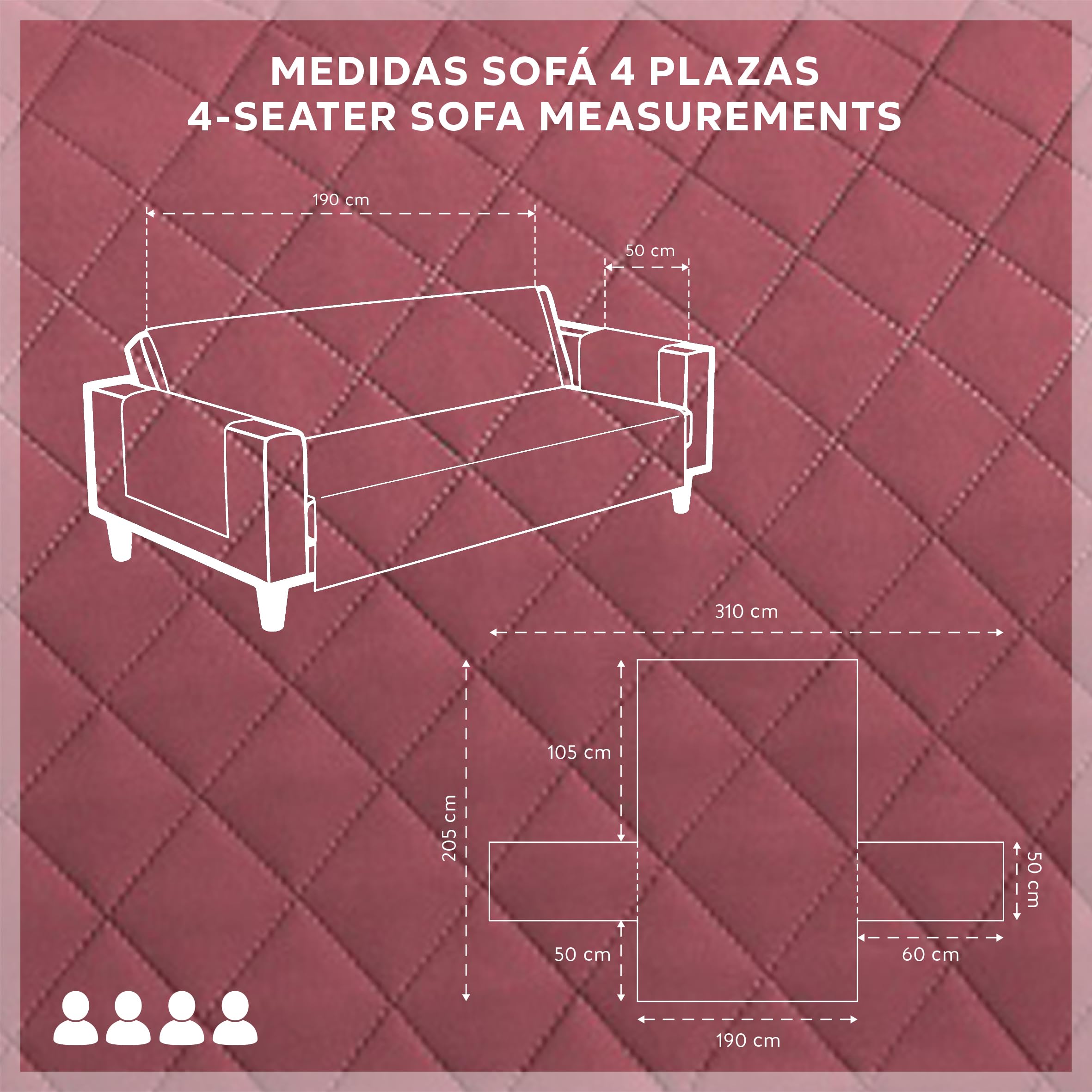 Textilhome Copridivano Malu 4 Posti (200cm) – Salvadivano Trapuntato Reversibile Universale, Protezione Antigraffio, Fodera Imbottita per Divano, Colore Rosso