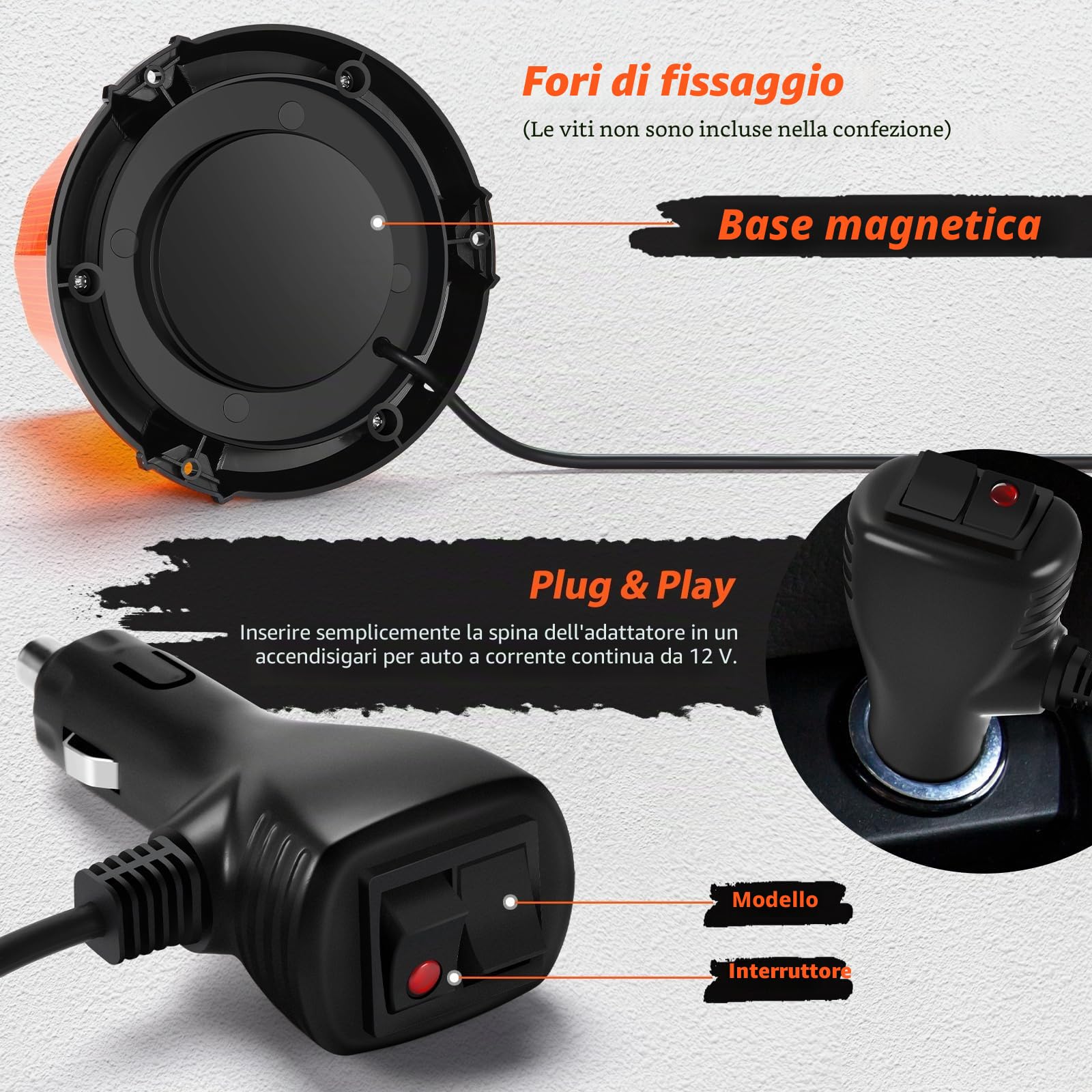 led Lampeggiante Arancione 2 Funzioni Flash Rotazione 12v/24v Lampeggianti per Trattori con 5m Cavo Alimentazione Base Magnetica, Luce Emergenza Veicoli Agricoli