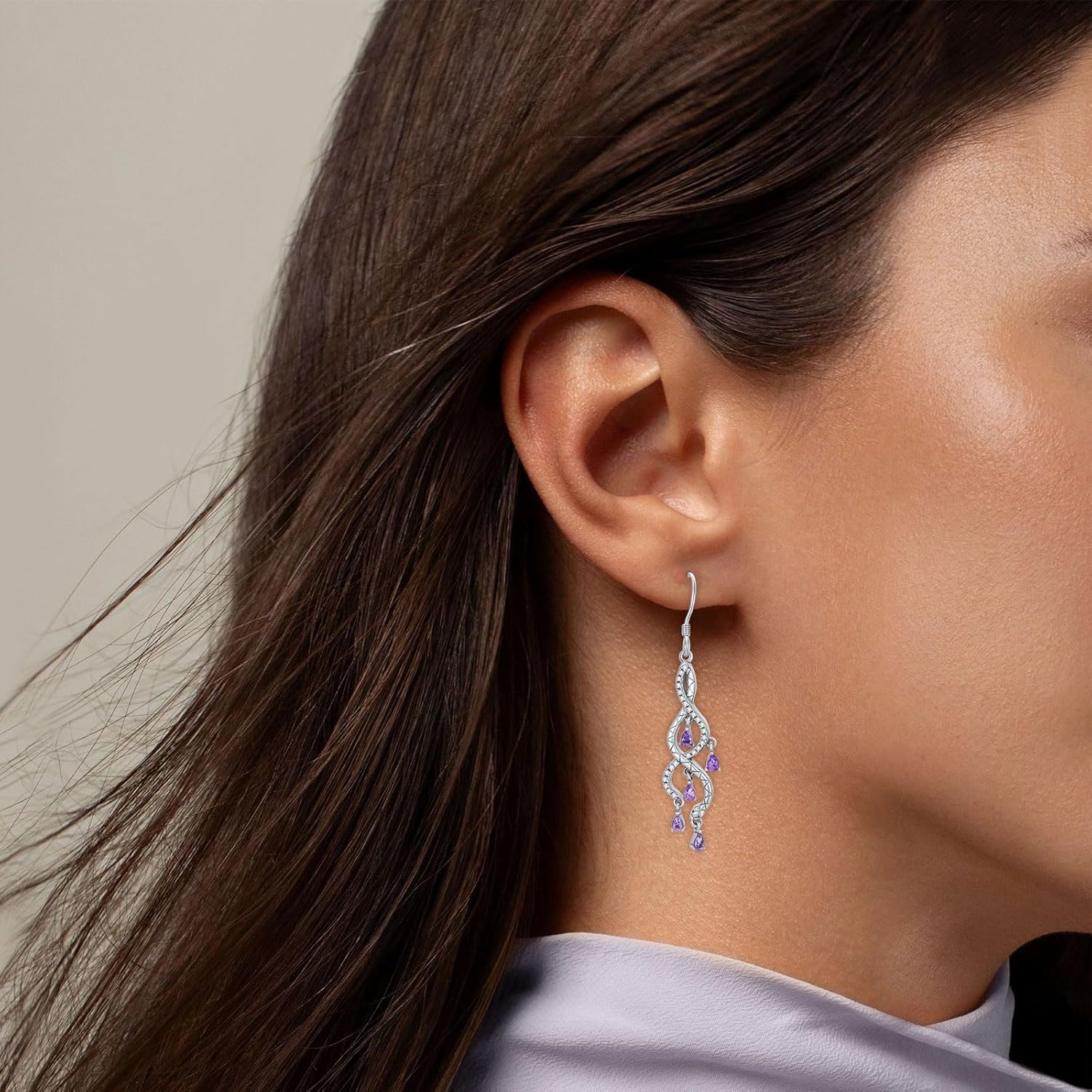 Natural Amethyst Dangle Earring for Women 925 Sterling Silver Snake Real Amethyst Earring Jewelry Gift for Her Wife Mom - Image 4
