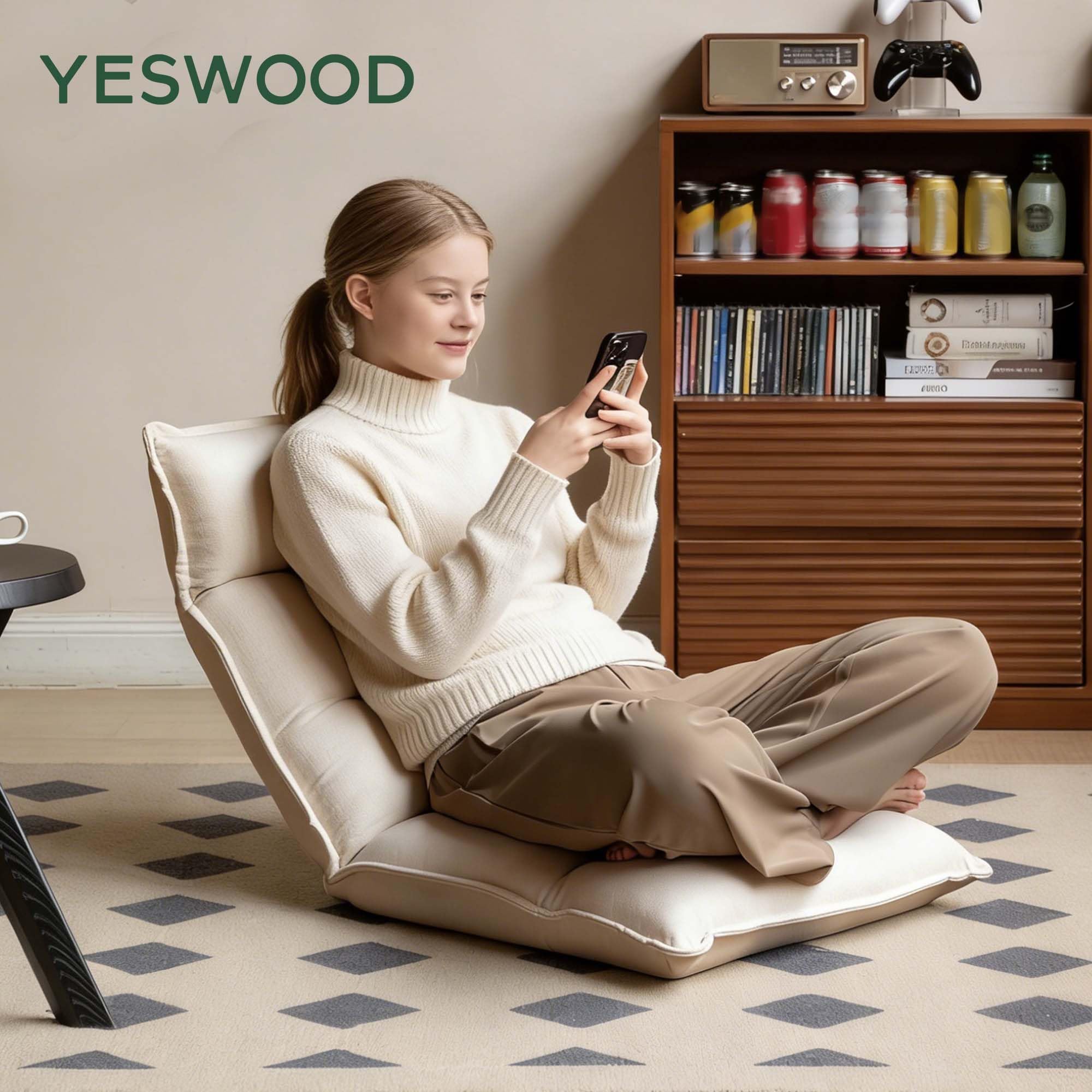YESWOOD Fauteuil de Sol Réglable 42 Positions, Dossier 90°-180° avec Appui-Tête, Chaise de Sol Paresseux Pliable, Fauteuil Relax Confortable pour Salon, Chambre, Blanc