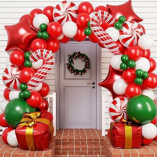 RUBFAC Kit de arco de guirnalda de globos de Navidad de 140 piezas con caja de regalo de caramelo verde, rojo y blanco, globos de estrella roja para