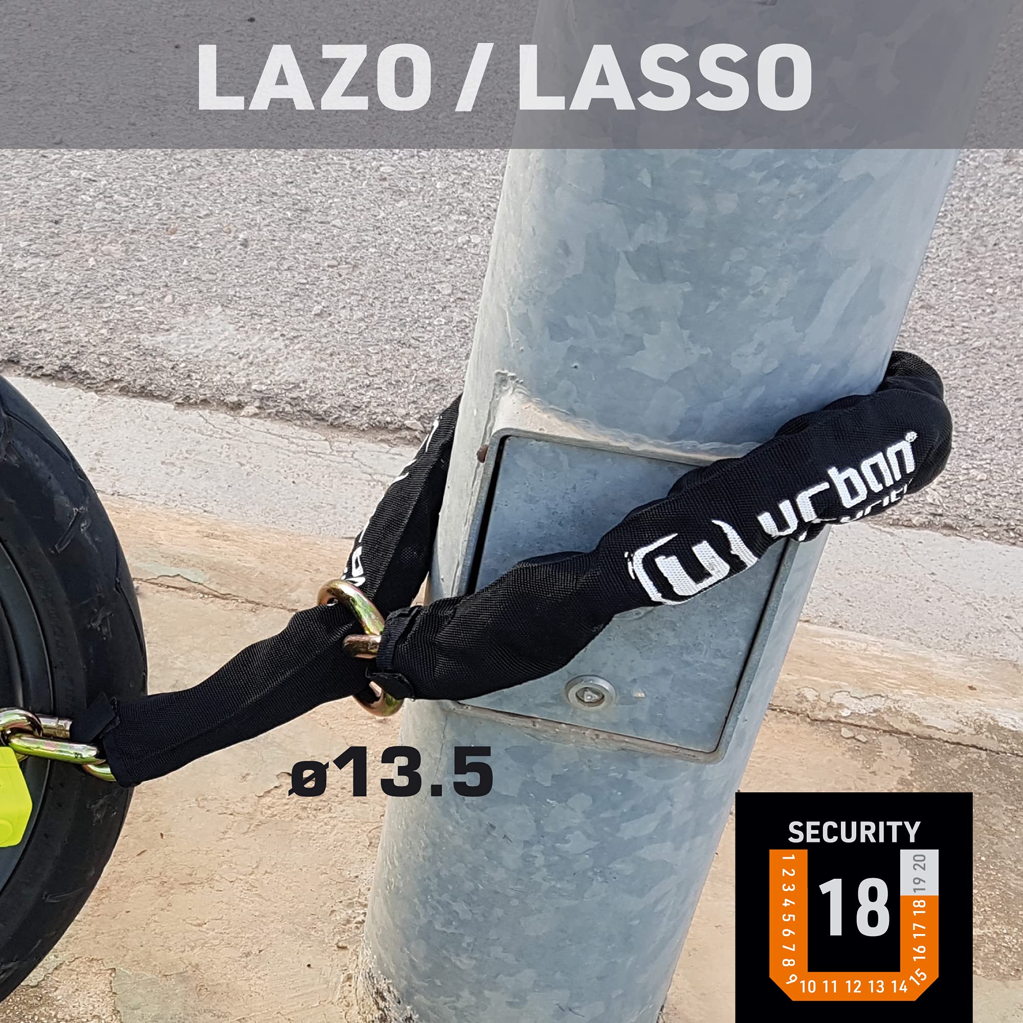 URBAN UR59K120L Antivol moto Chaîne haute sécurité en acier spécial durci de 13,5 mm et solide cadenas mini U 14 mm pour moto scooter et vélo électrique 120 cm Noir/Jaune