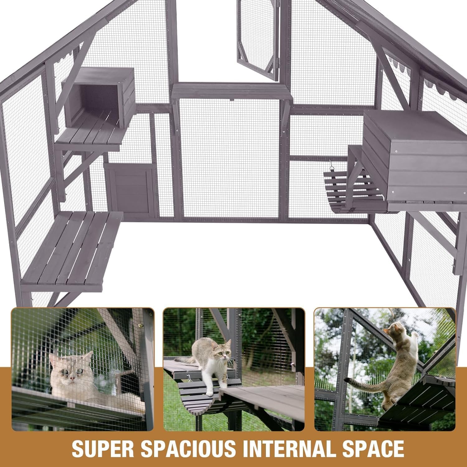 Recinto de Madera Catio para Gatos al Aire Libre Casa para Gatitos Corral Grande para Gatos con Refugio Pequeño Resistente a la Lluvia Interior, Puentes, Cubierta de Techo