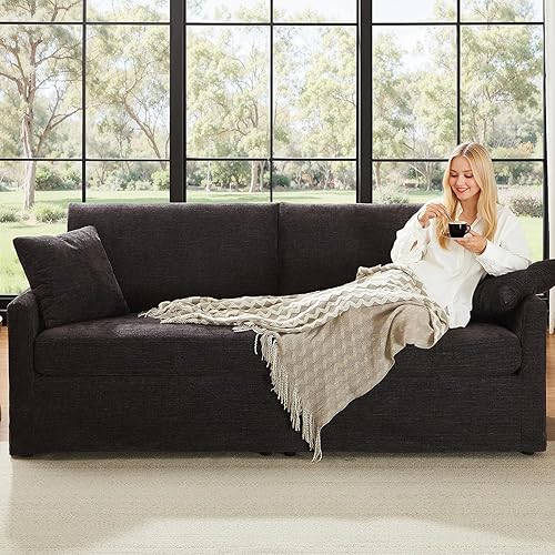 Sofá de felpilla de 85 pulgadas para sala de estar, sofá de 3 plazas con 2 almohadas, sofás modernos sin herramientas, cómodo sofá biplaza de gran